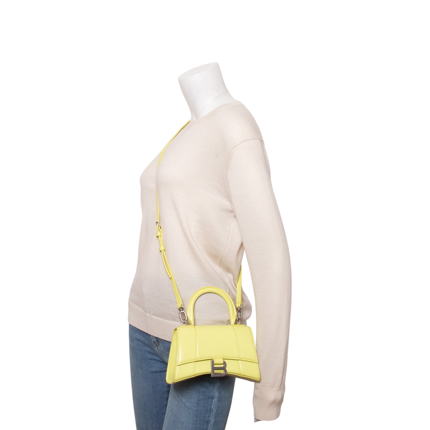 Balenciaga Yellow Shiny Box Calfskin Leather XS Hourglass Top Handle Bag w/ Strap