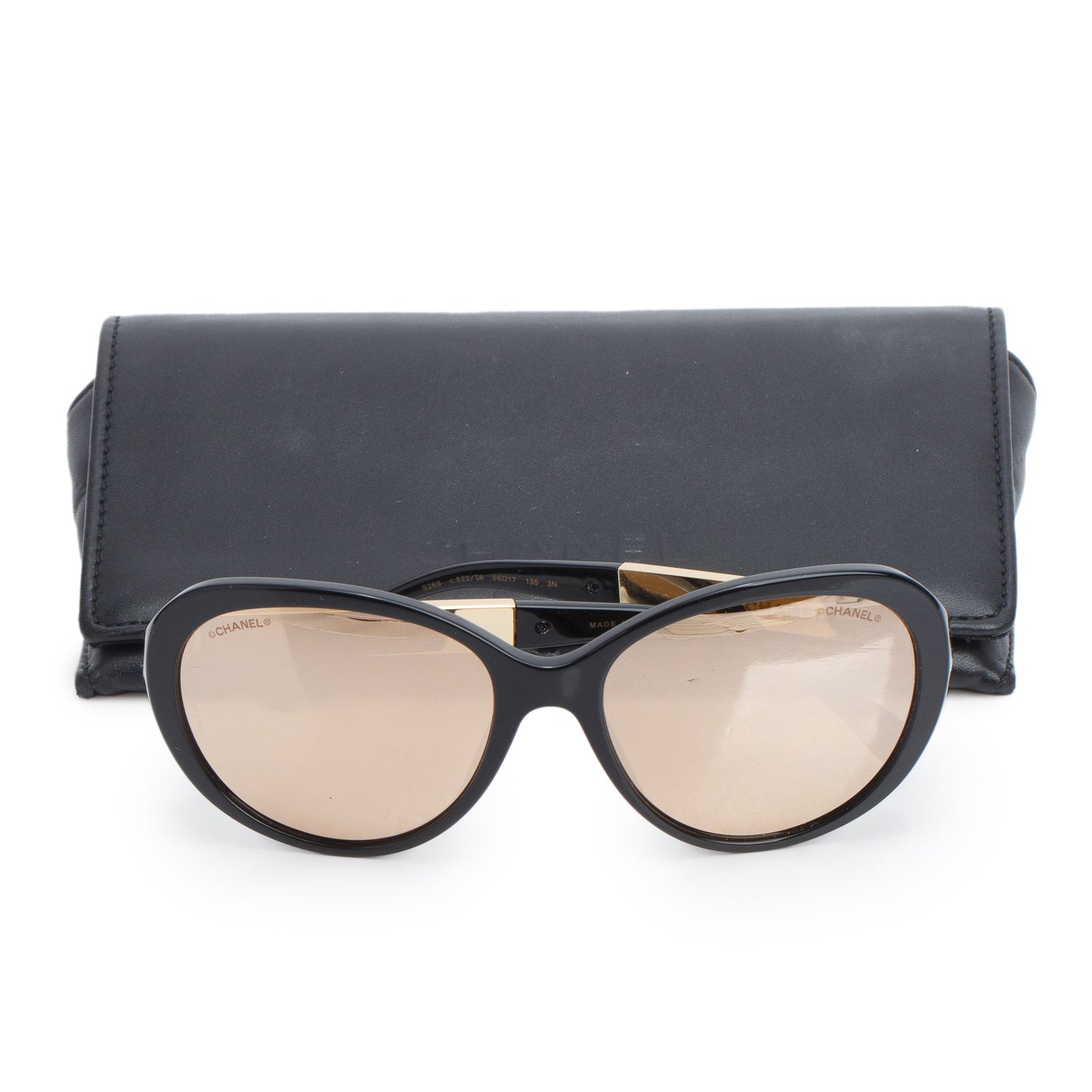 Chanel 5269 Black Acetate Gold Reflective Round Sunglasses w/ Case