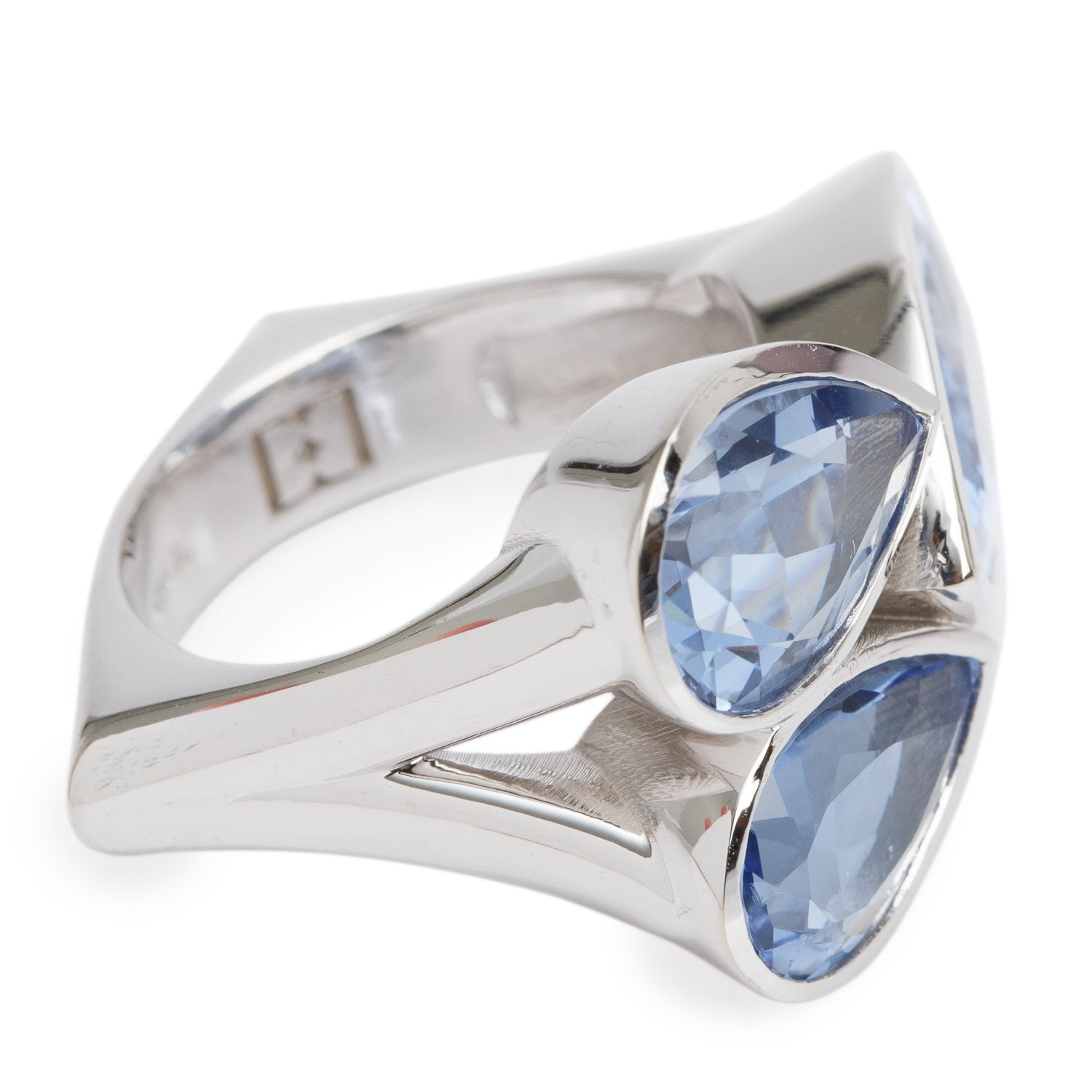 18k White Gold Aquamarine Trio Cocktail Ring, Size 6.5