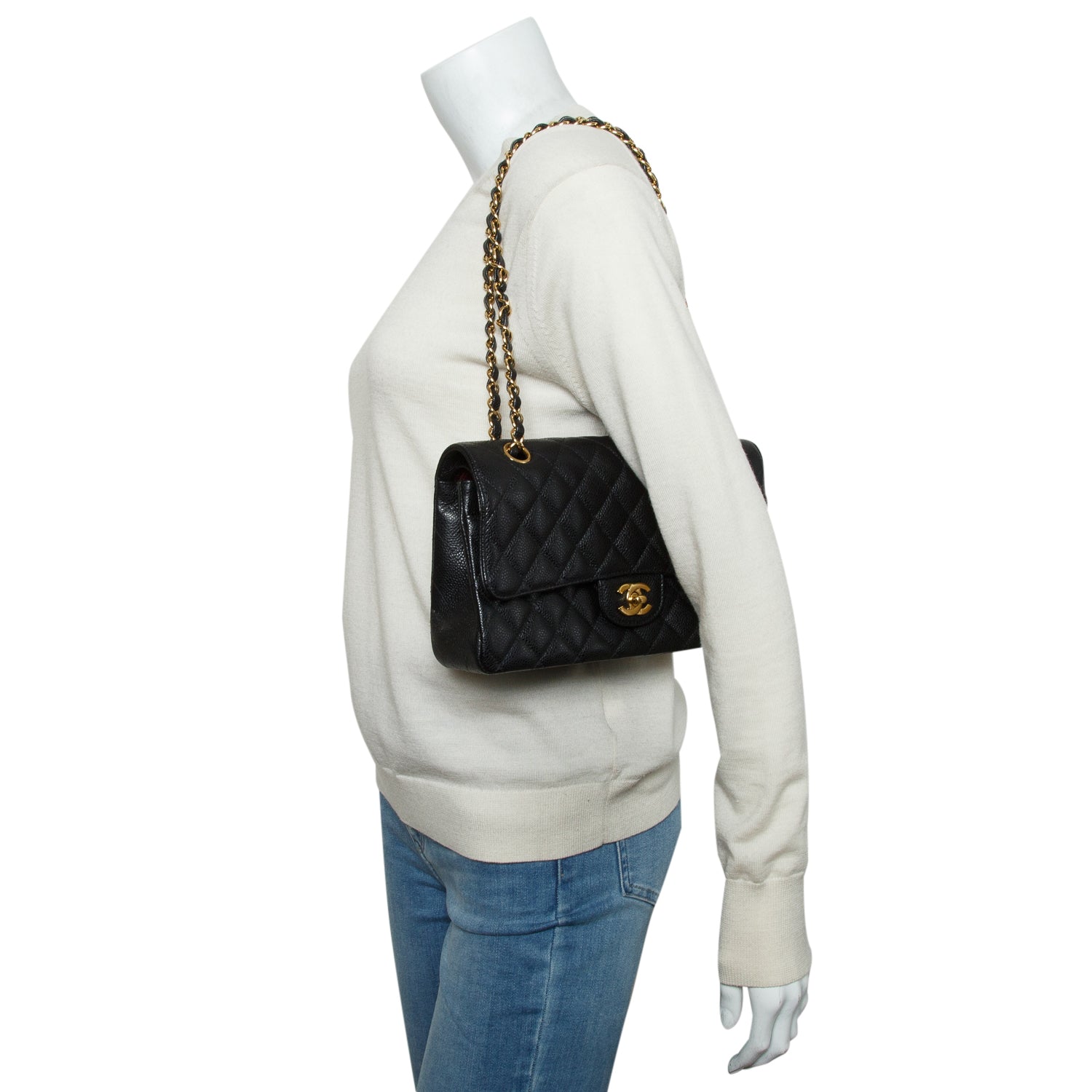 Chanel Black Caviar Leather Classic Medium Double Flap Bag w/ Authenticity Card