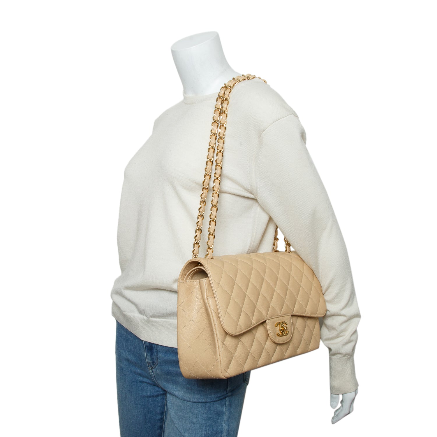 Chanel Beige Quilted Caviar Leather Classic Jumbo Double Flap Bag w/ Box