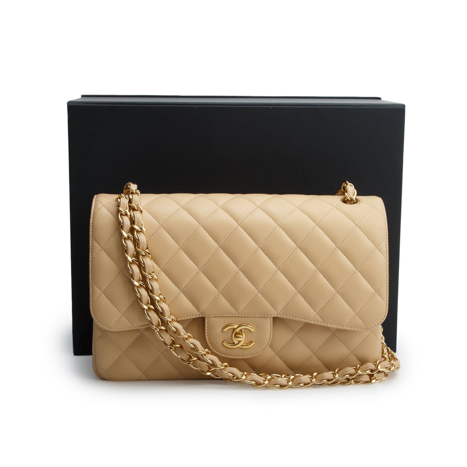 Chanel Beige Quilted Caviar Leather Classic Jumbo Double Flap Bag w/ Box