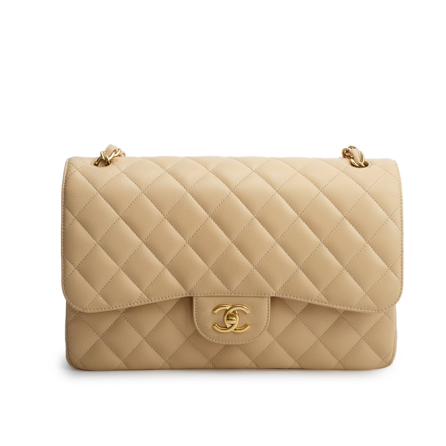 Chanel Beige Quilted Caviar Leather Classic Jumbo Double Flap Bag w/ Box