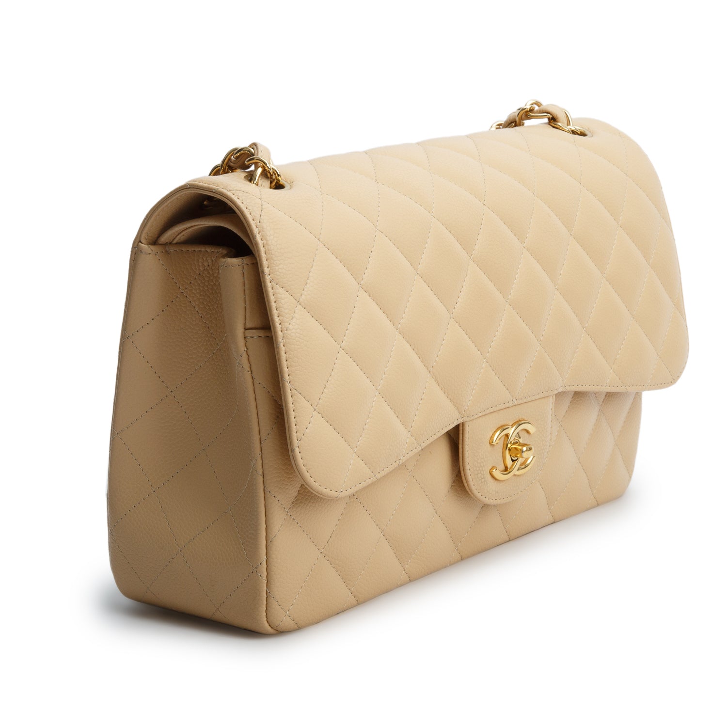 Chanel Beige Quilted Caviar Leather Classic Jumbo Double Flap Bag w/ Box