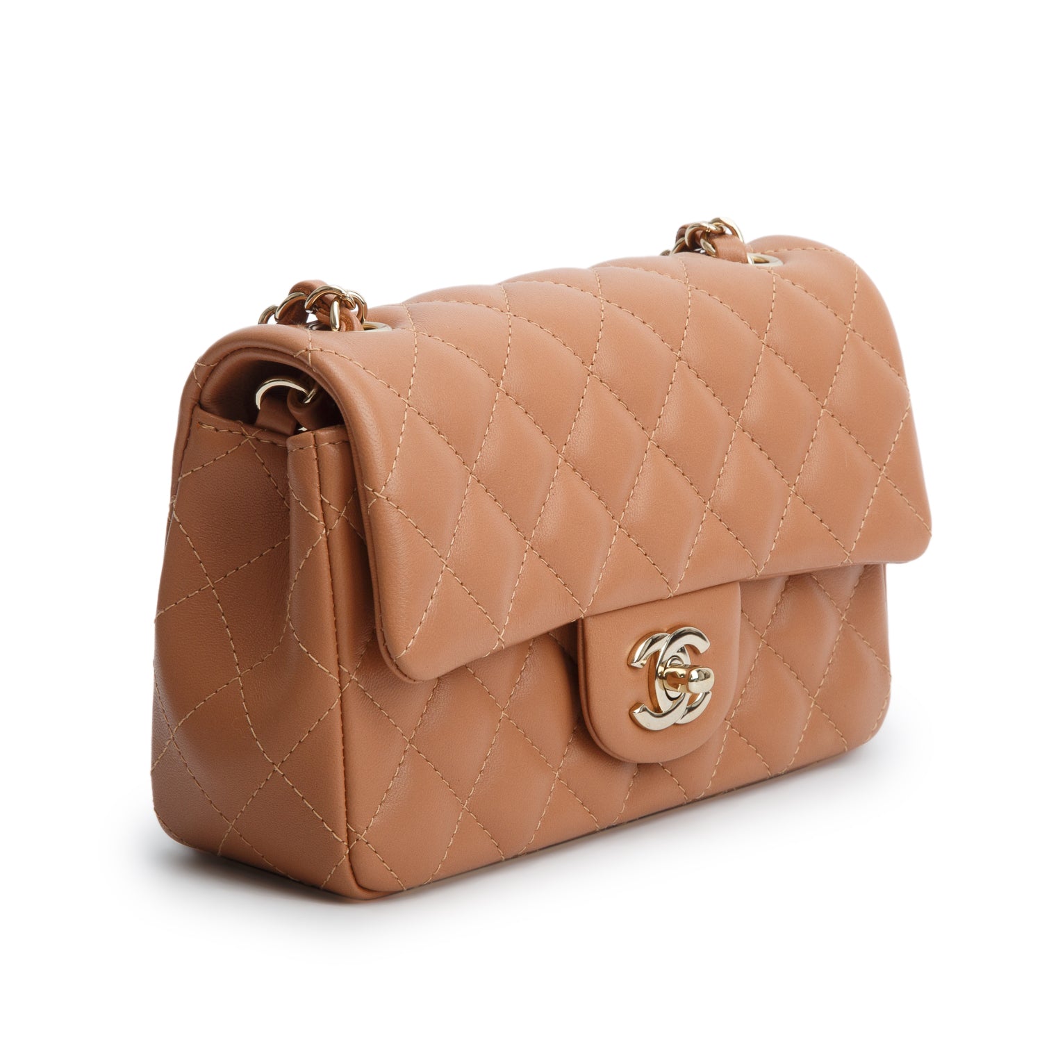 Chanel Brown Lambskin Quilted Leather Mini Rectangular Flap Bag w/ Box