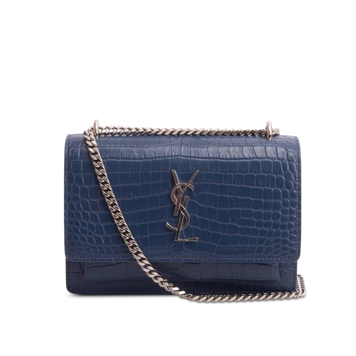 Saint Laurent Blue Crocodile Embossed Sunset Chain Wallet