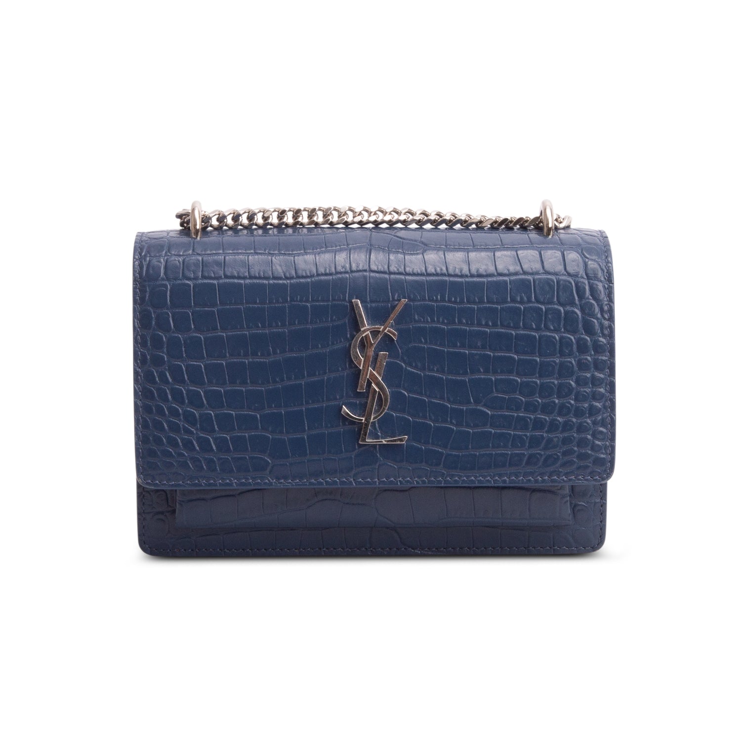 Saint Laurent Blue Crocodile Embossed Sunset Chain Wallet