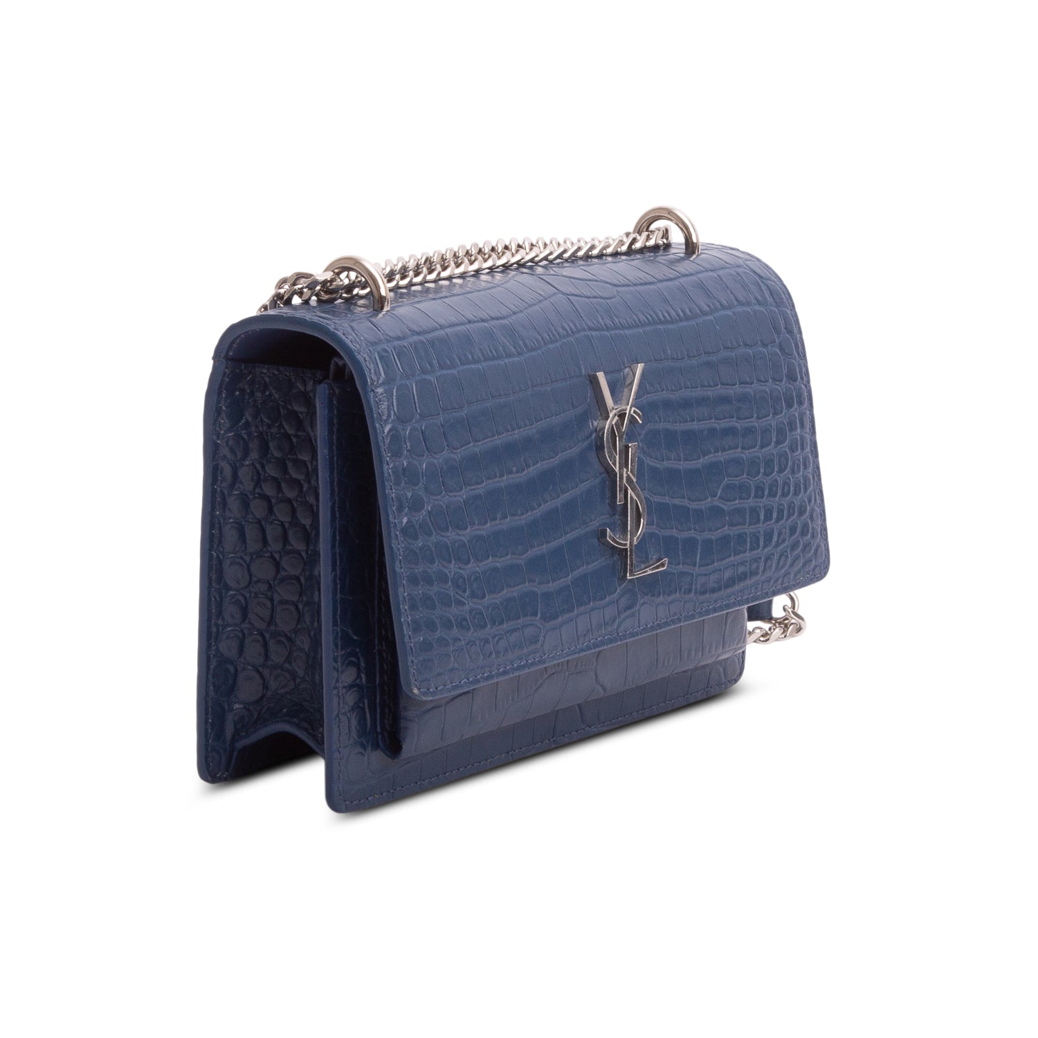 Saint Laurent Blue Crocodile Embossed Sunset Chain Wallet