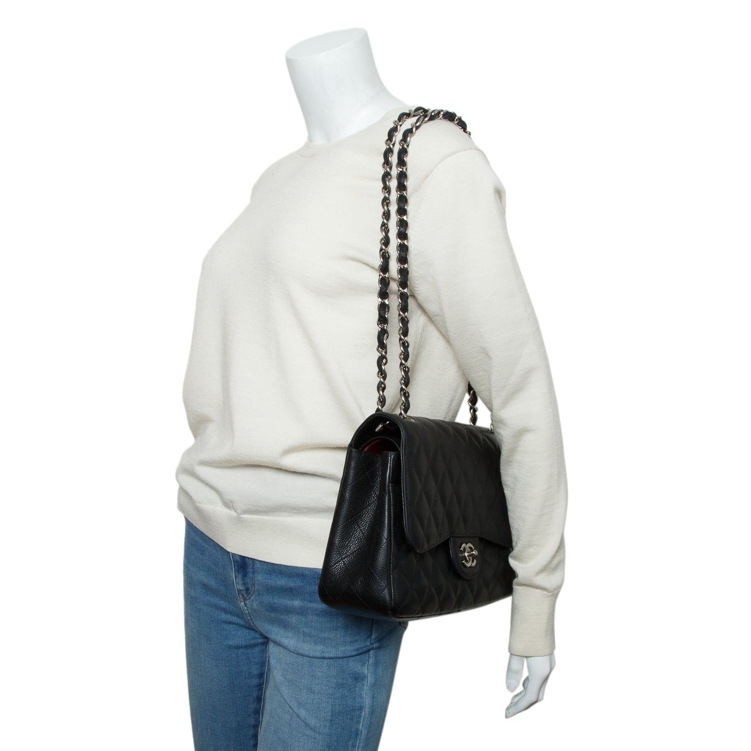 Chanel Black Caviar Quilted Leather Classic Jumbo Double Flap Bag w/ Box