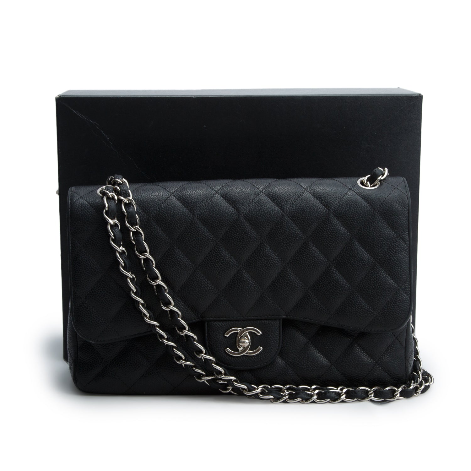 Chanel Black Caviar Quilted Leather Classic Jumbo Double Flap Bag w/ Box