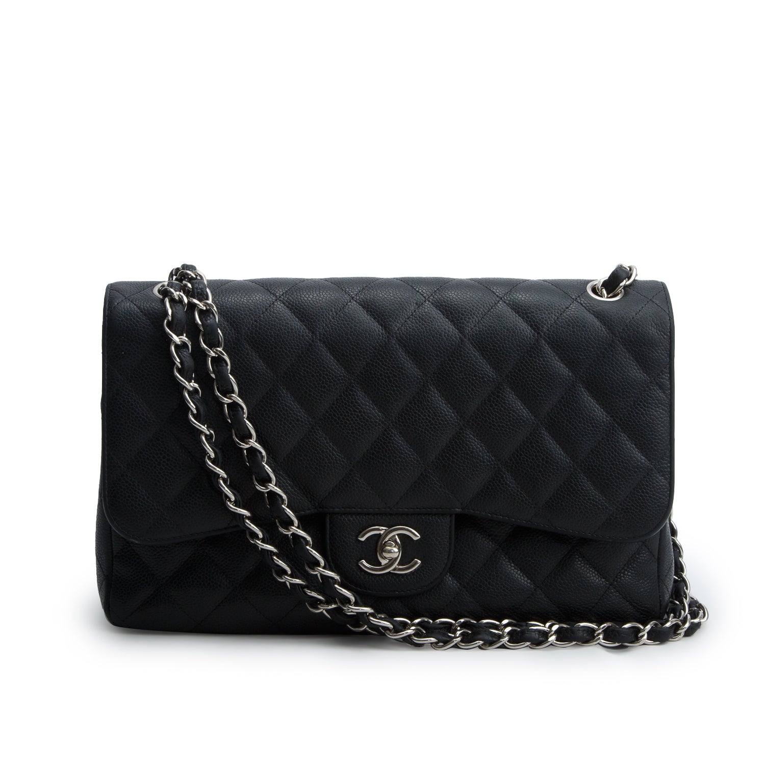Chanel Black Caviar Quilted Leather Classic Jumbo Double Flap Bag w/ Box