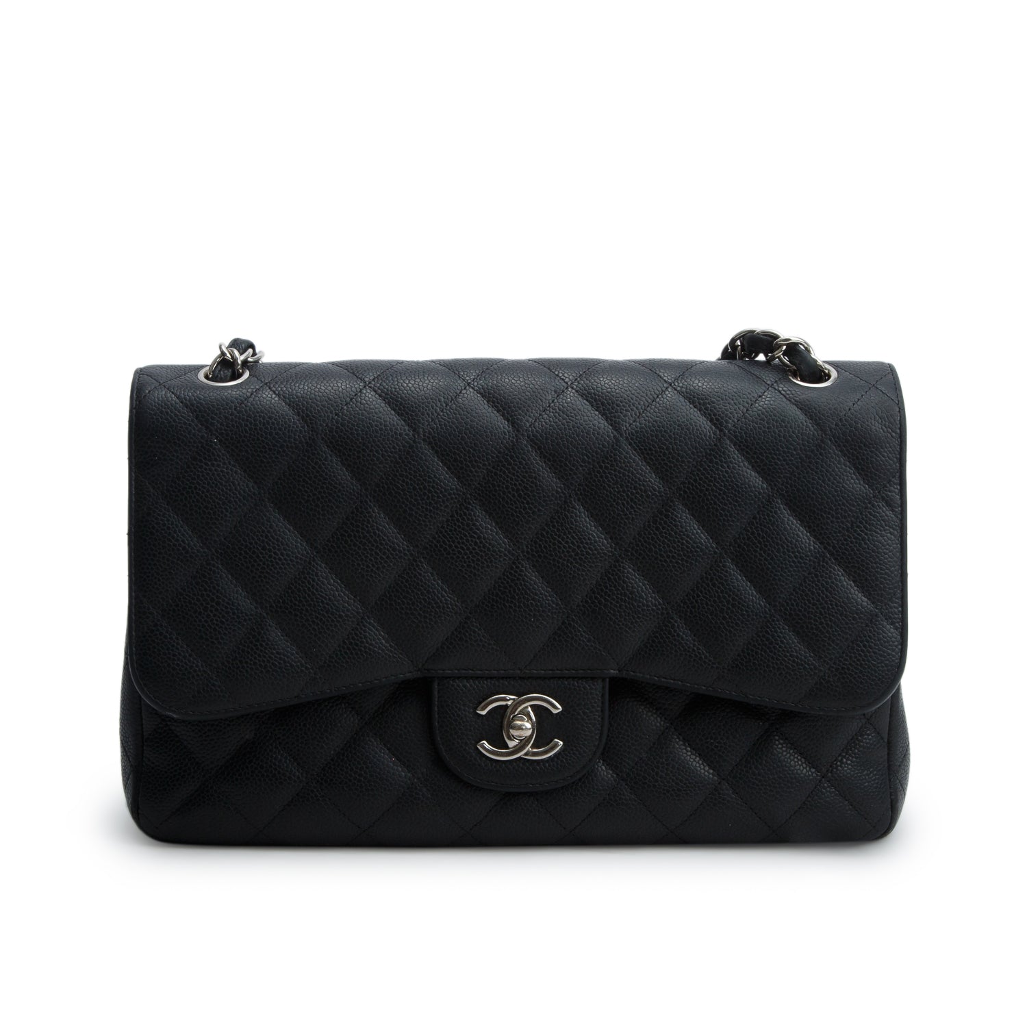 Chanel Black Caviar Quilted Leather Classic Jumbo Double Flap Bag w/ Box