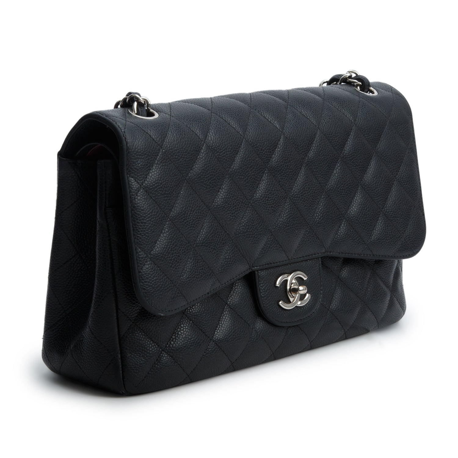 Chanel Black Caviar Quilted Leather Classic Jumbo Double Flap Bag w/ Box