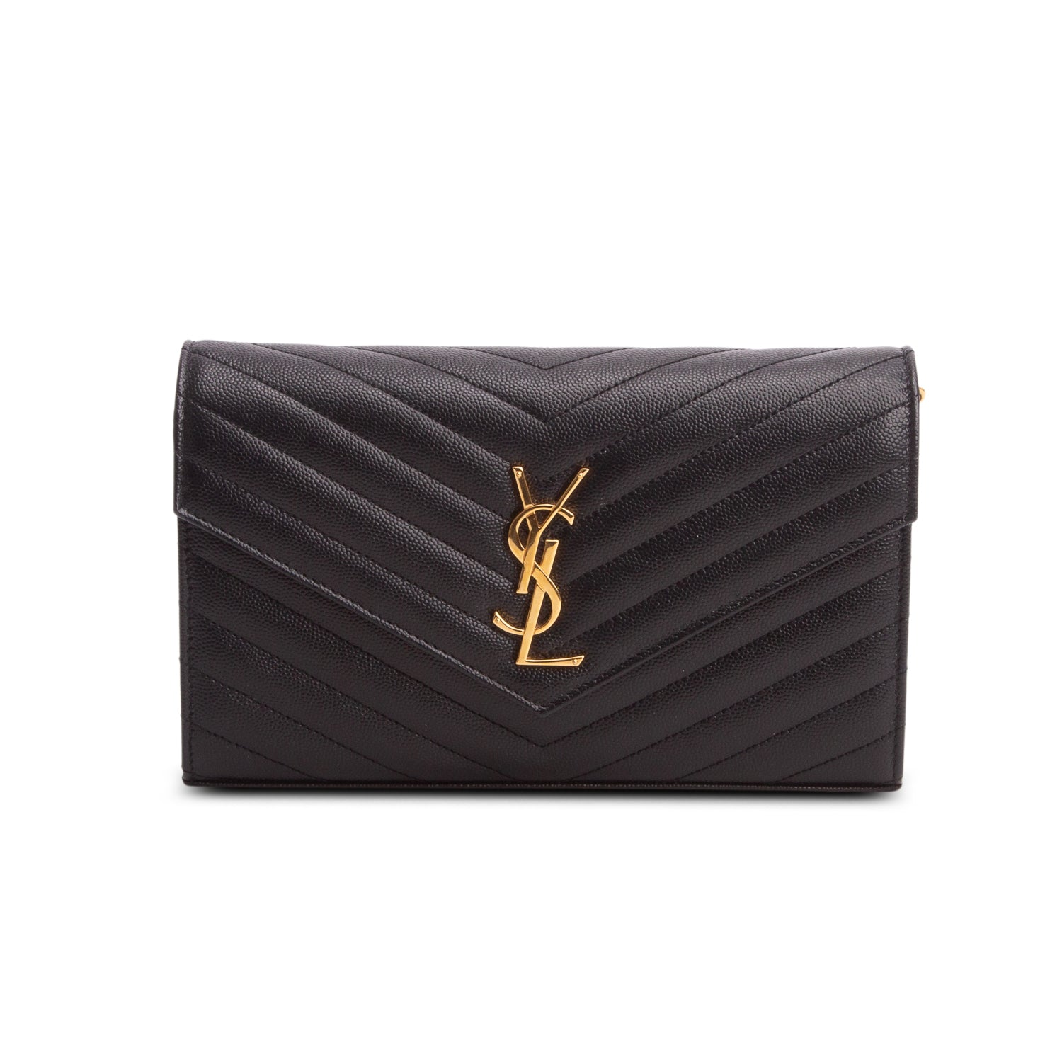 Saint Laurent 2023 Black Grain De Poudre Chevron Cassandre Envelope Chain Wallet w/ Box