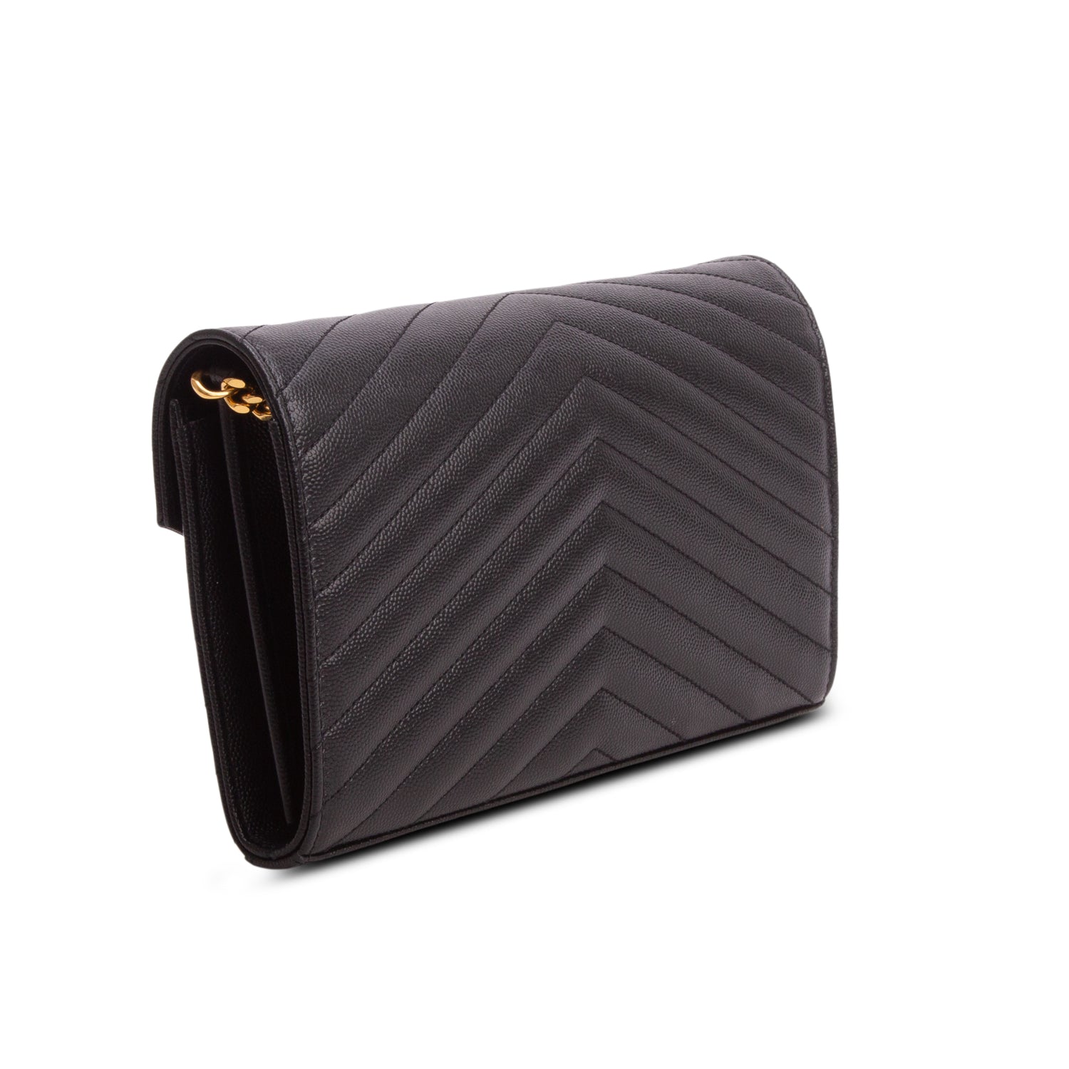 Saint Laurent 2023 Black Grain De Poudre Chevron Cassandre Envelope Chain Wallet w/ Box