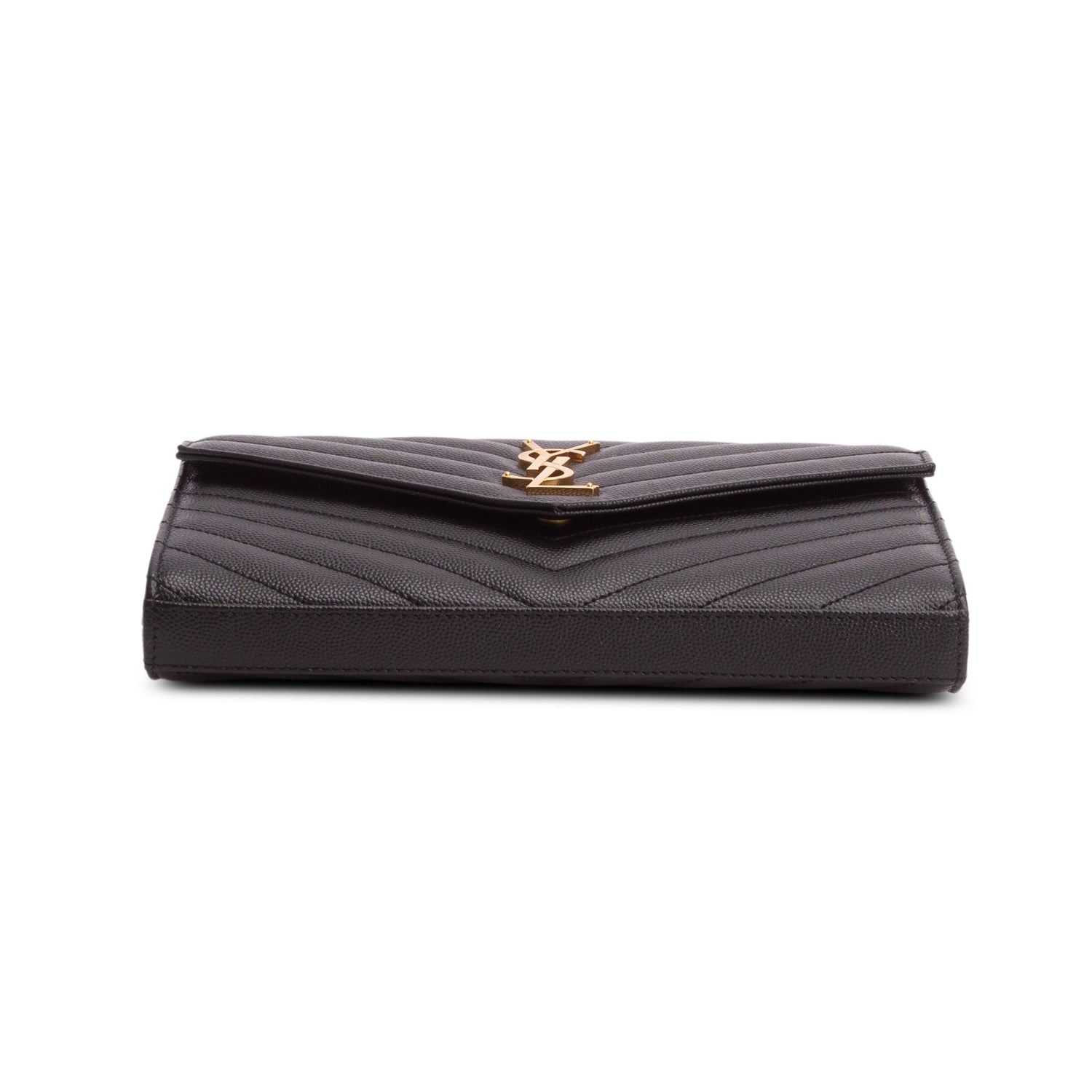 Saint Laurent 2023 Black Grain De Poudre Chevron Cassandre Envelope Chain Wallet w/ Box
