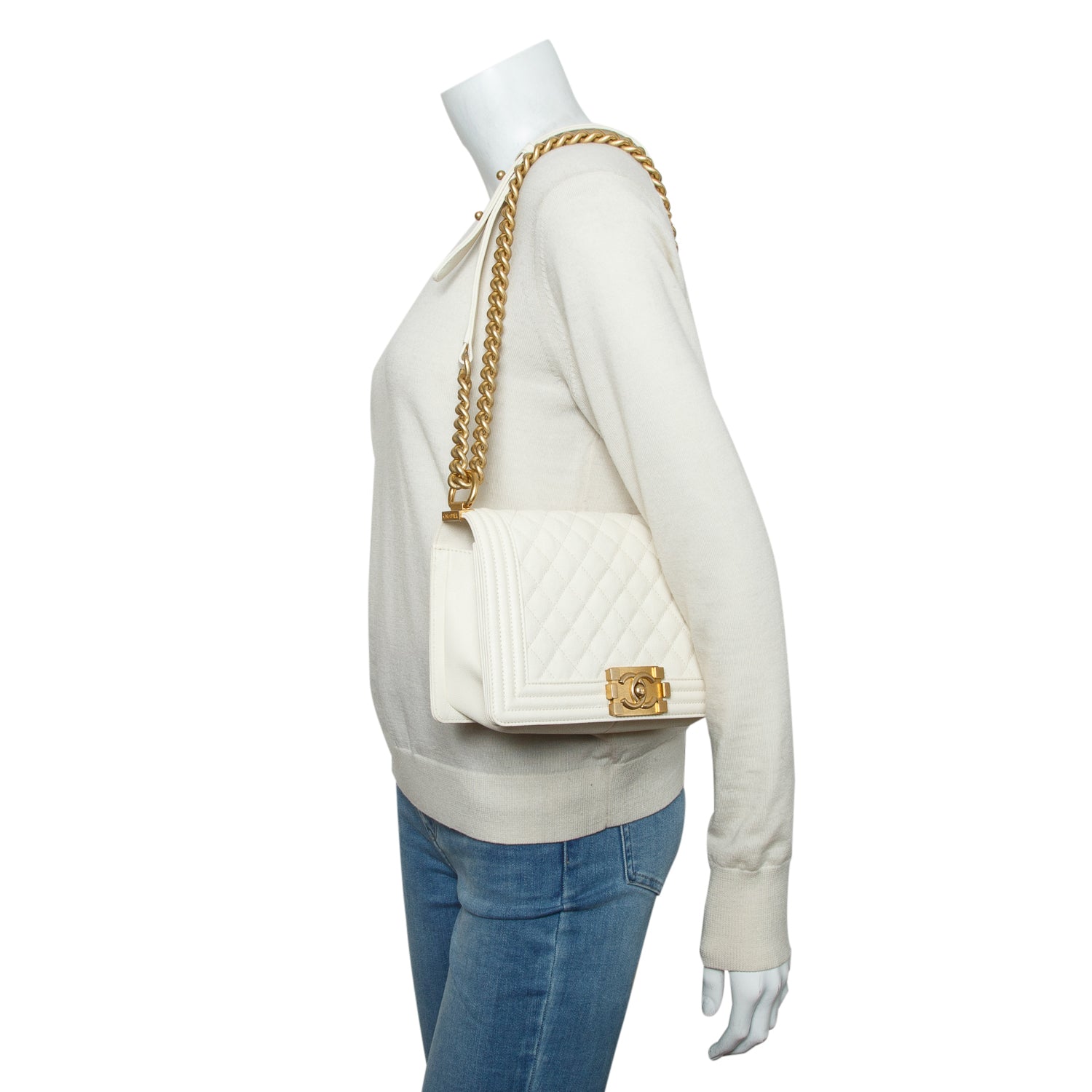 Chanel Cream Caviar Quilted Medium Boy Flap Bag w/ Authenticity Card