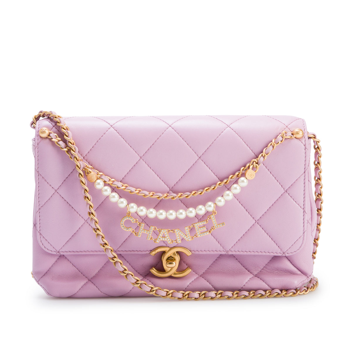 Chanel Pink Lambskin Quilted Crystal Logo Pearl Chain Flap w/ Box