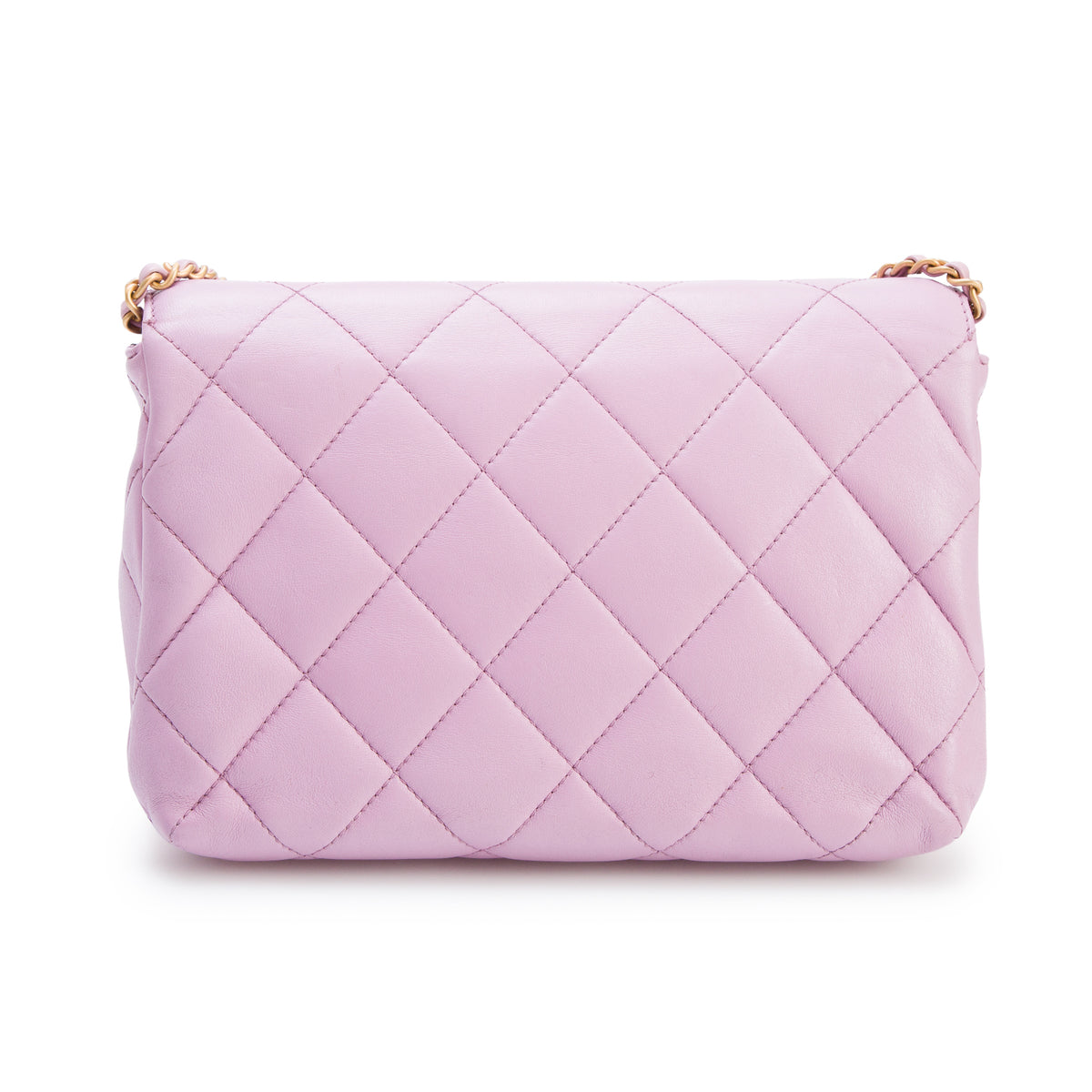 Chanel Pink Lambskin Quilted Crystal Logo Pearl Chain Flap w/ Box