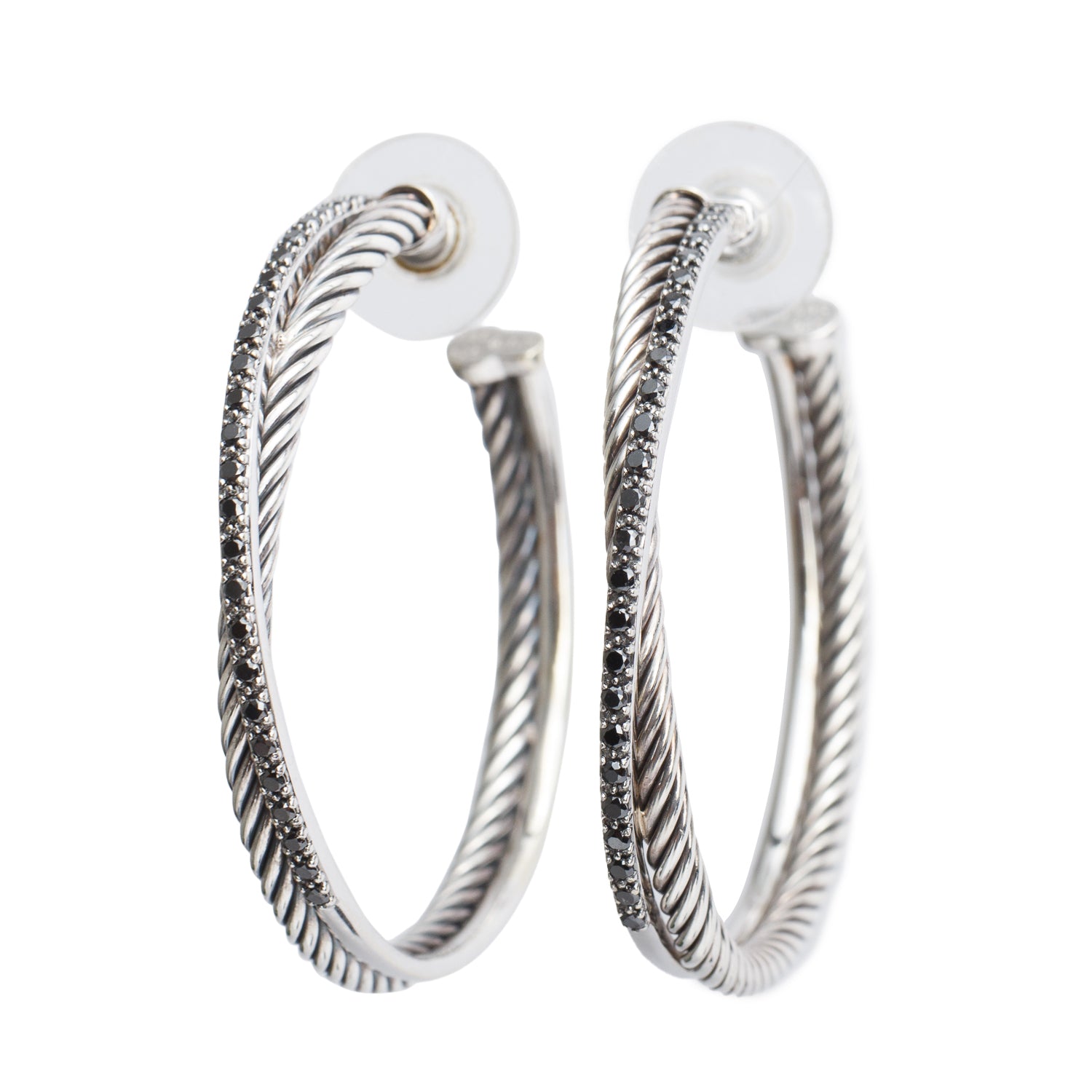 David Yurman Sterling Silver & 14k Yellow Gold Black Diamond Cable Crossover Hoop Earrings, 44 MM