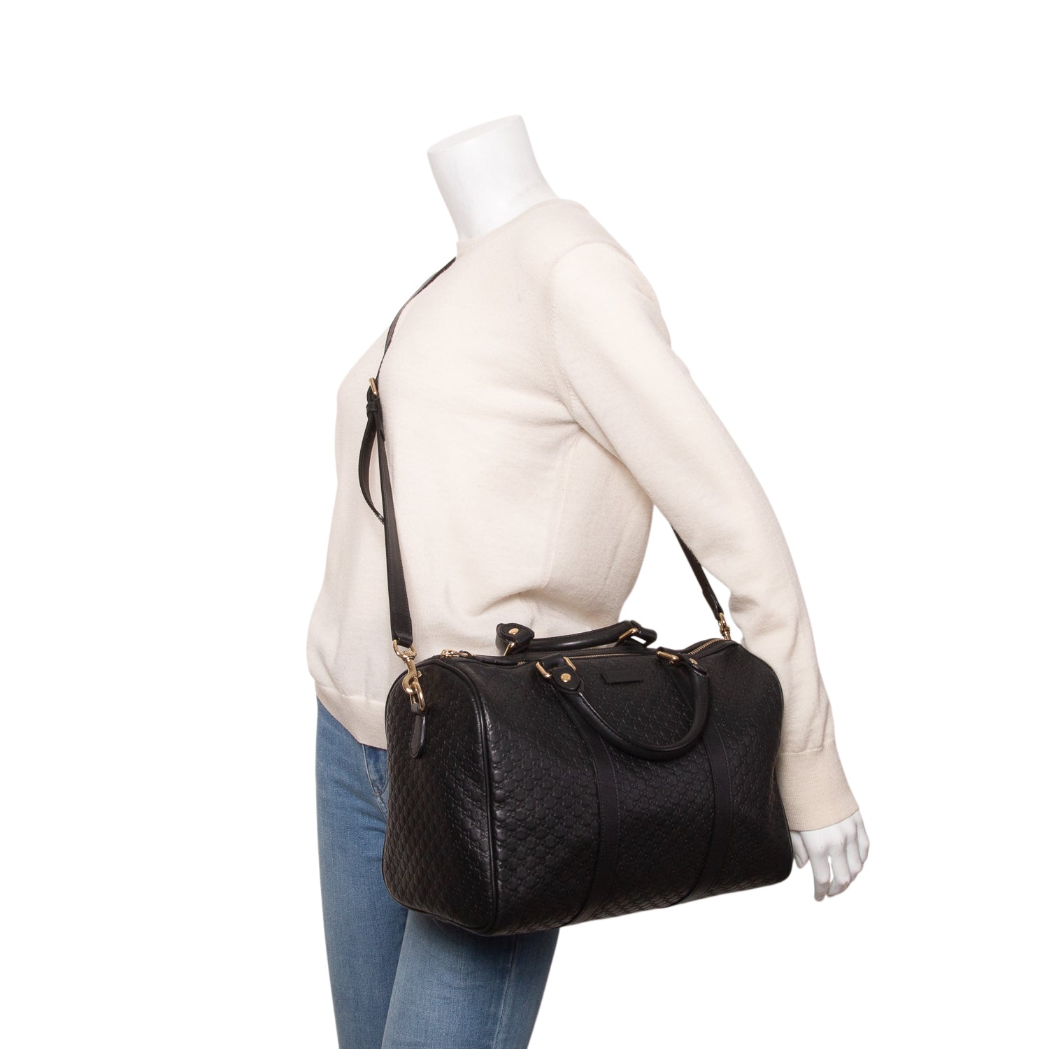 Gucci Black Micro GG Signature Leather Medium Joy Boston Bag w/ Strap