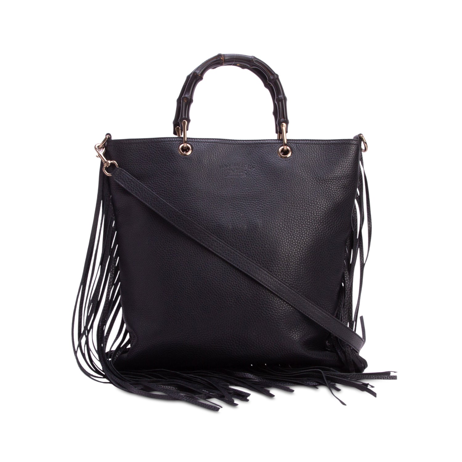 Gucci Black Pebbled Calfskin Bamboo Fringe Shopper Tote
