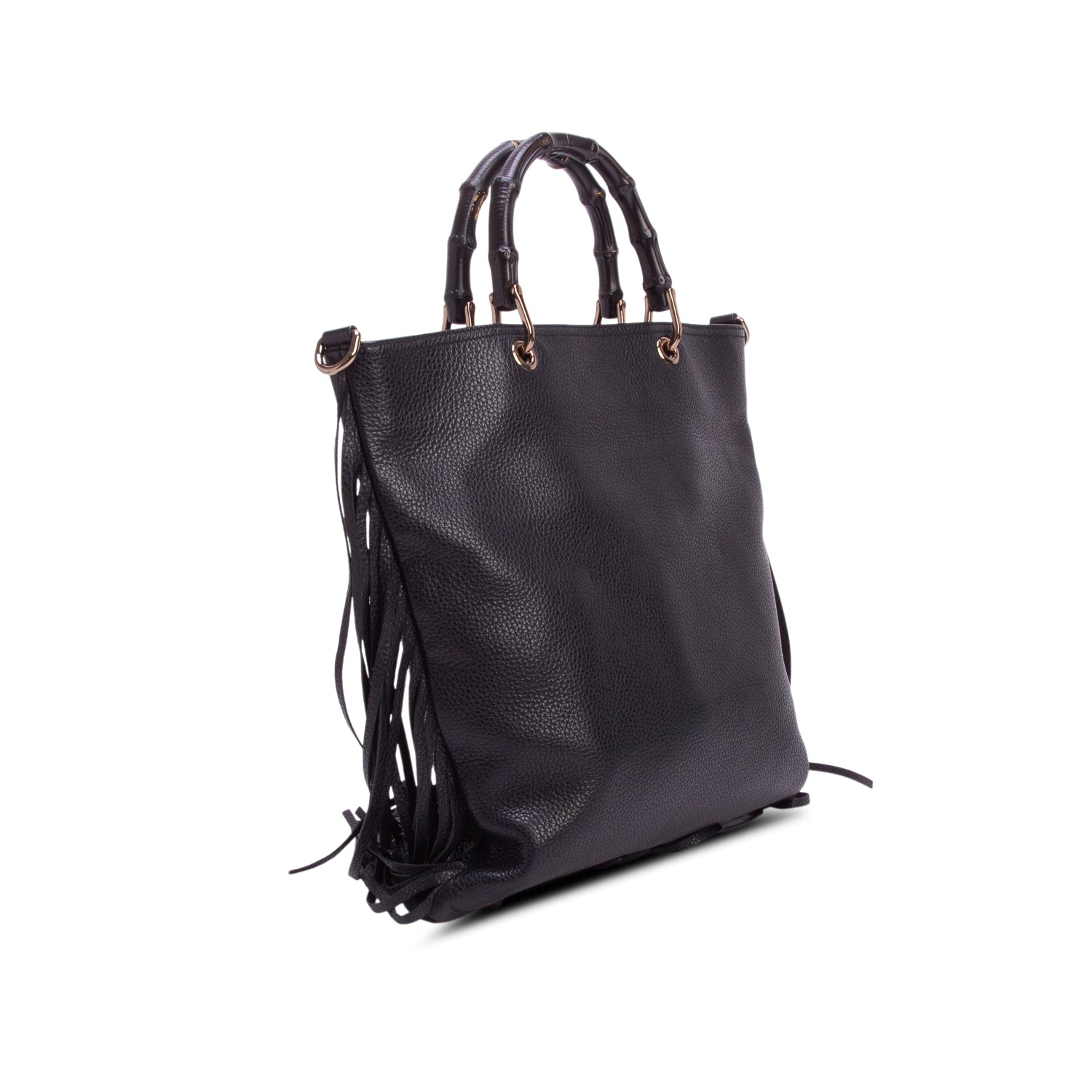Gucci Black Pebbled Calfskin Bamboo Fringe Shopper Tote