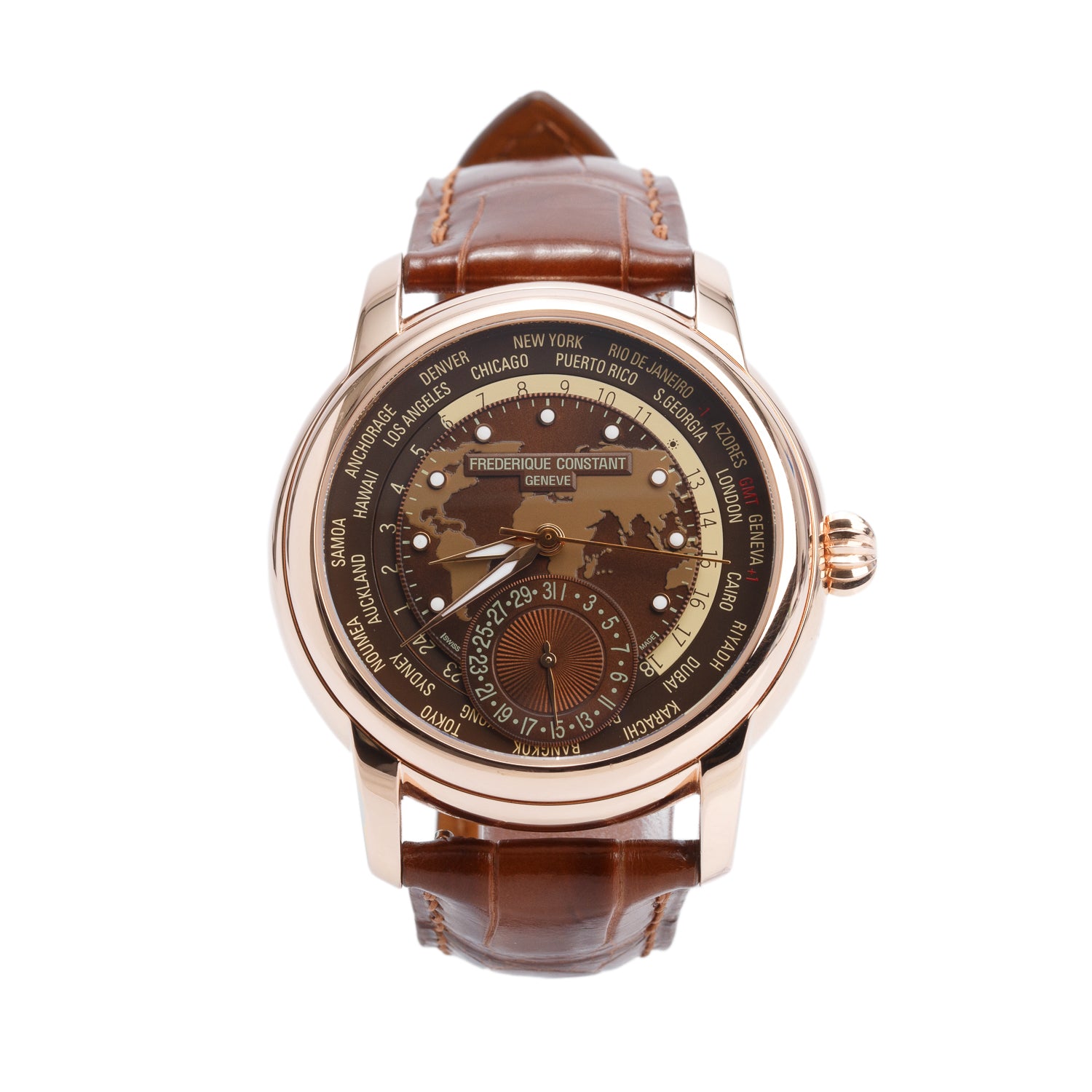 Frederique Constant Rose Gold Plated Stainless Steel Manufacture Worldtimer 42 MM Automatic Watch Brown Dial
