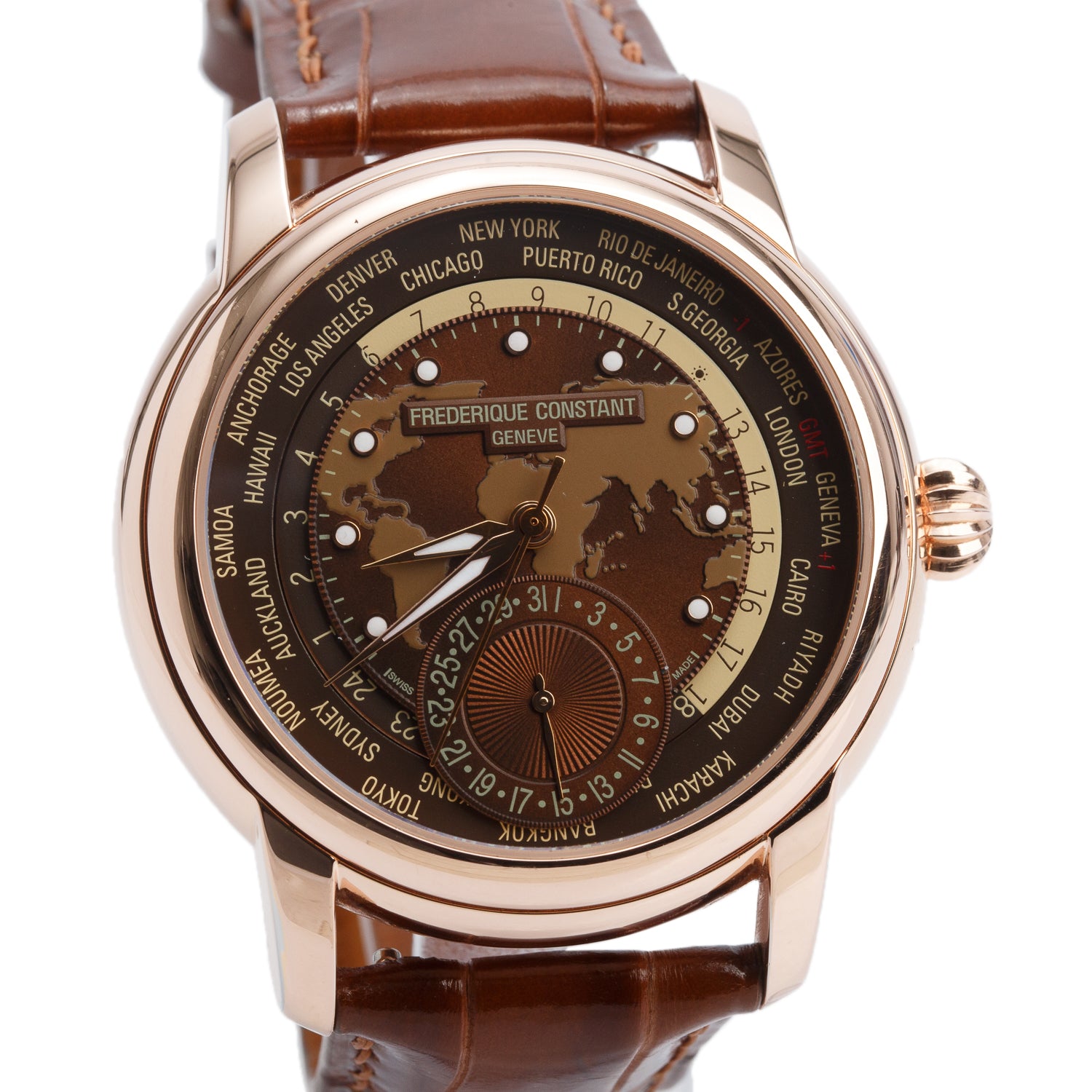 Frederique Constant Rose Gold Plated Stainless Steel Manufacture Worldtimer 42 MM Automatic Watch Brown Dial