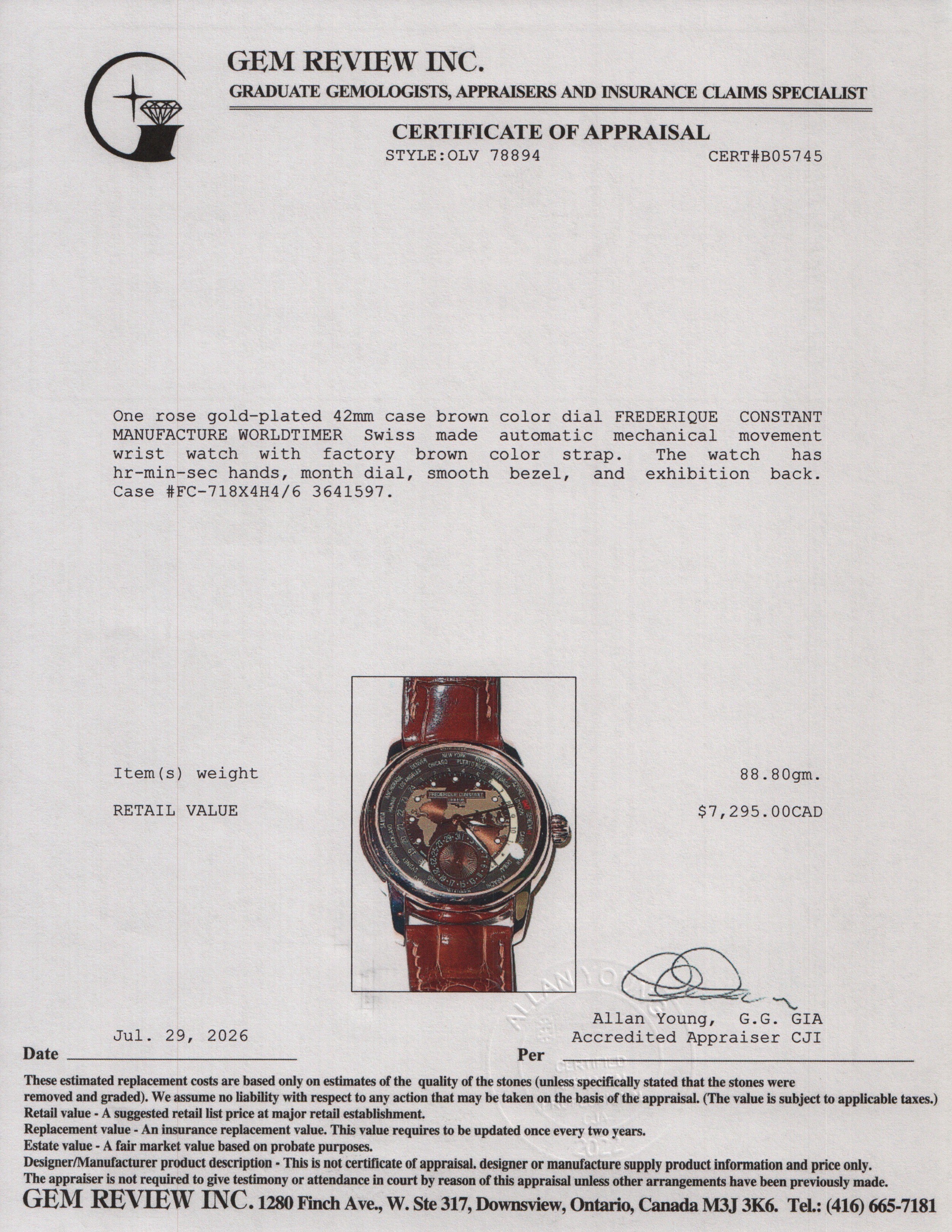 Frederique Constant Rose Gold Plated Stainless Steel Manufacture Worldtimer 42 MM Automatic Watch Brown Dial