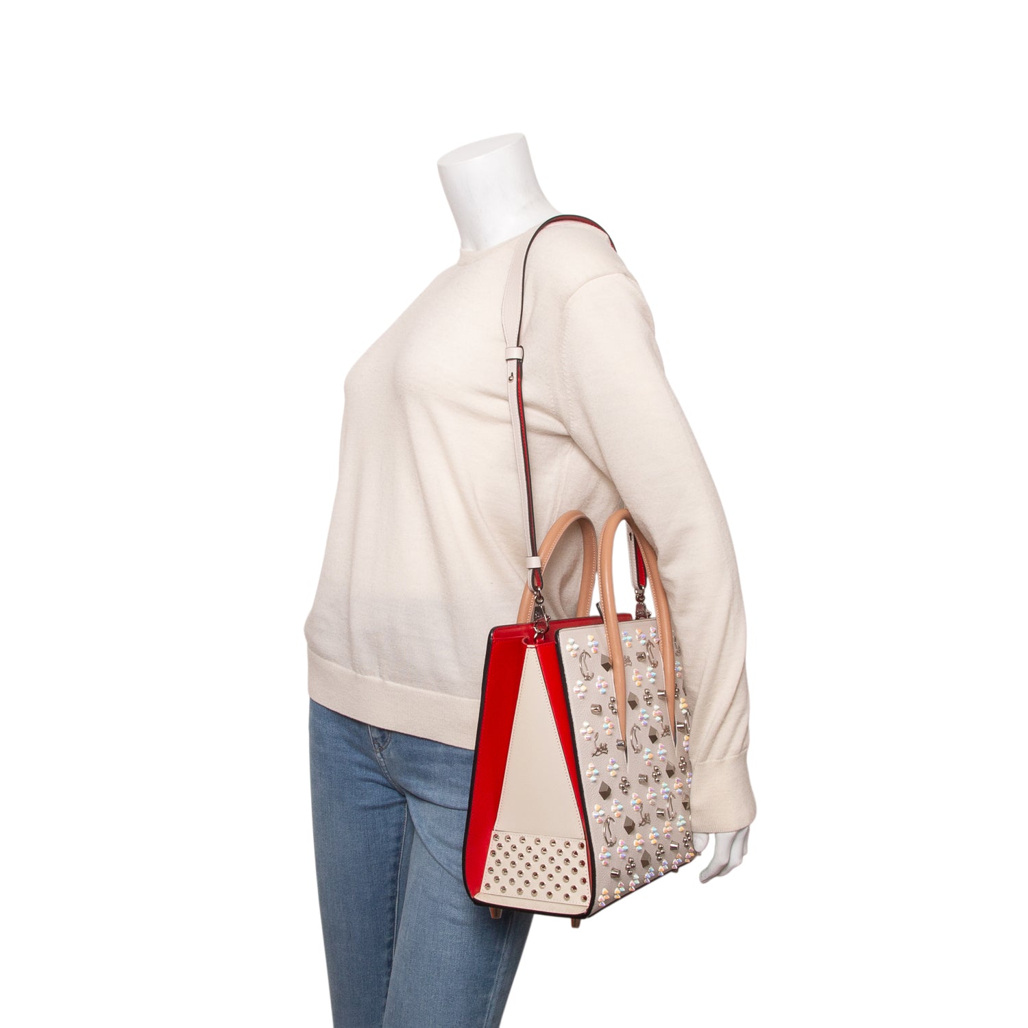 Christian Louboutin Cream Grained Calfskin Spikes Loubinthesky Medium Paloma w/ Strap