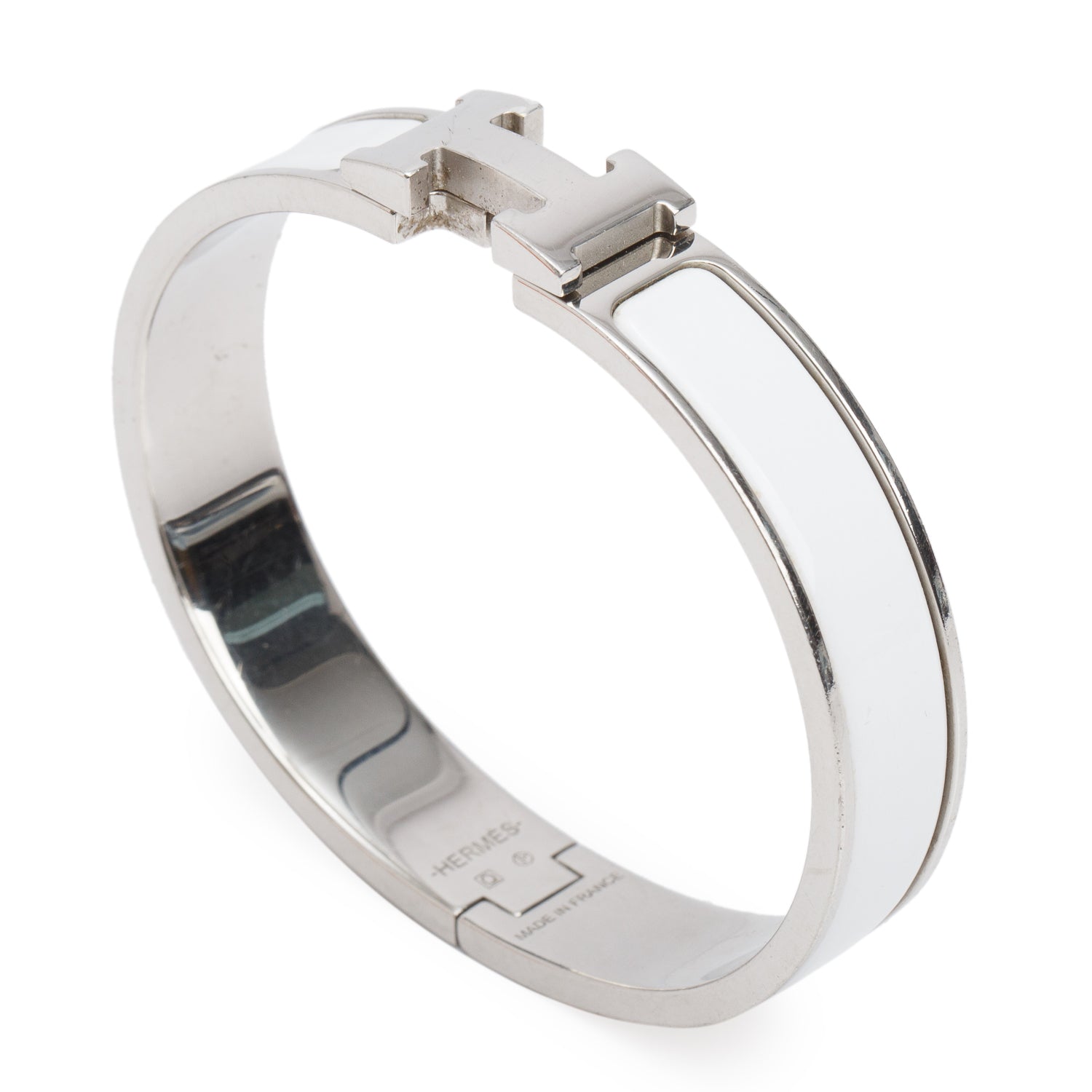 Hermes Palladium Plated White Enamel 12 MM Clic H Bracelet w/ Box
