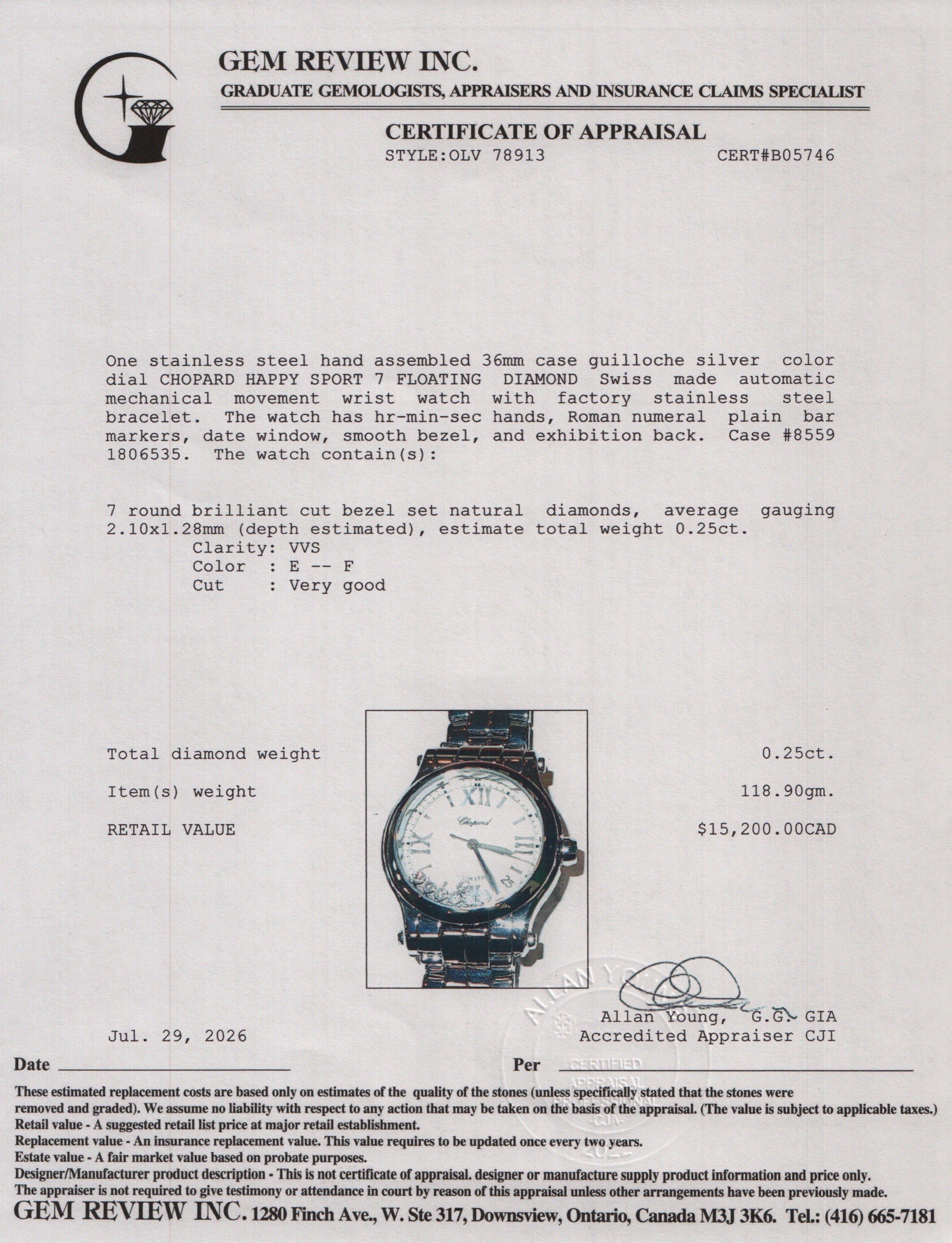 Chopard Stainless Steel Happy Sport 7 Floating Diamond 36 MM Automatic Watch Silver Dial w/ Box