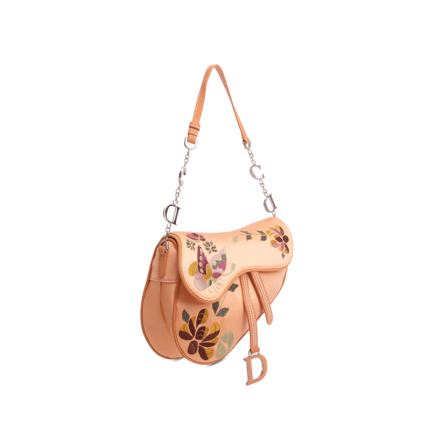 Christian Dior Pink Satin Embroidered Romantic Flowers Saddle Bag