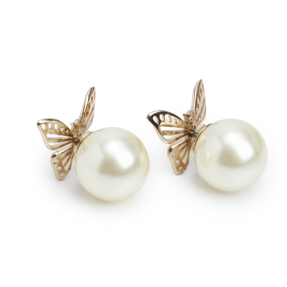 Christian Dior Gold Plated Faux Pearl Butterfly Tribales Earrings w/ Box