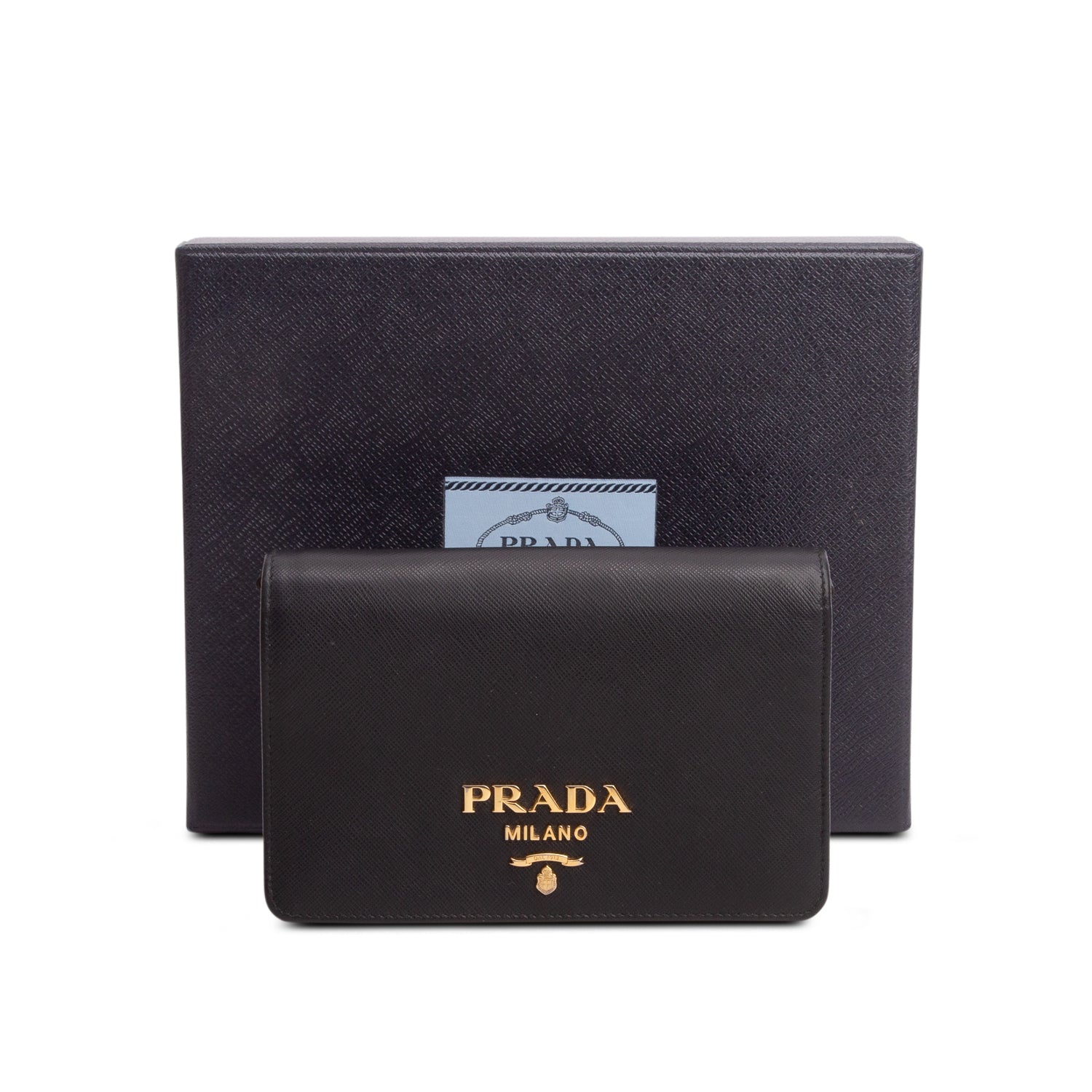Prada Black Saffiano Lux Metal Logo Mini Flap Clutch w/ Box & Authenticity Card