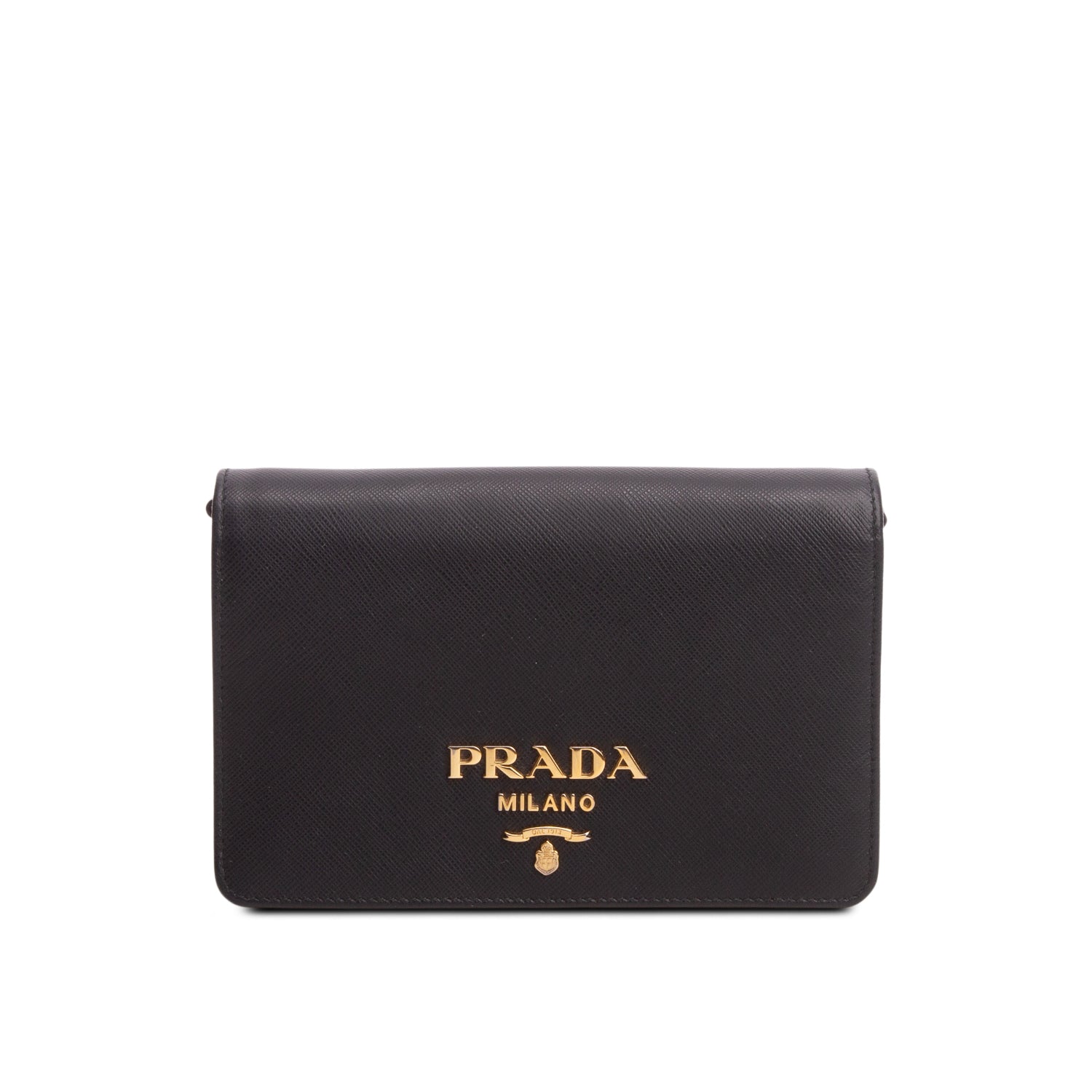Prada Black Saffiano Lux Metal Logo Mini Flap Clutch w/ Box & Authenticity Card