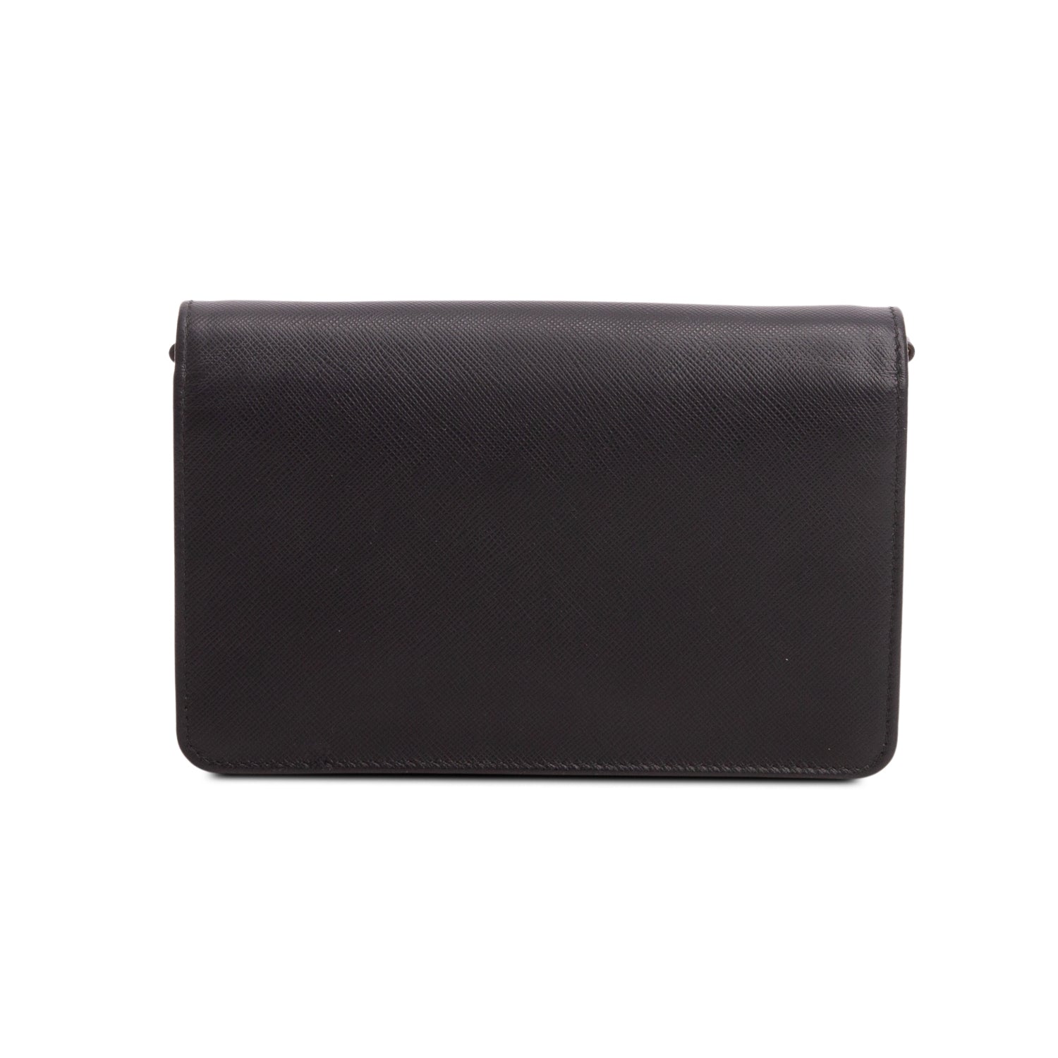 Prada Black Saffiano Lux Metal Logo Mini Flap Clutch w/ Box & Authenticity Card