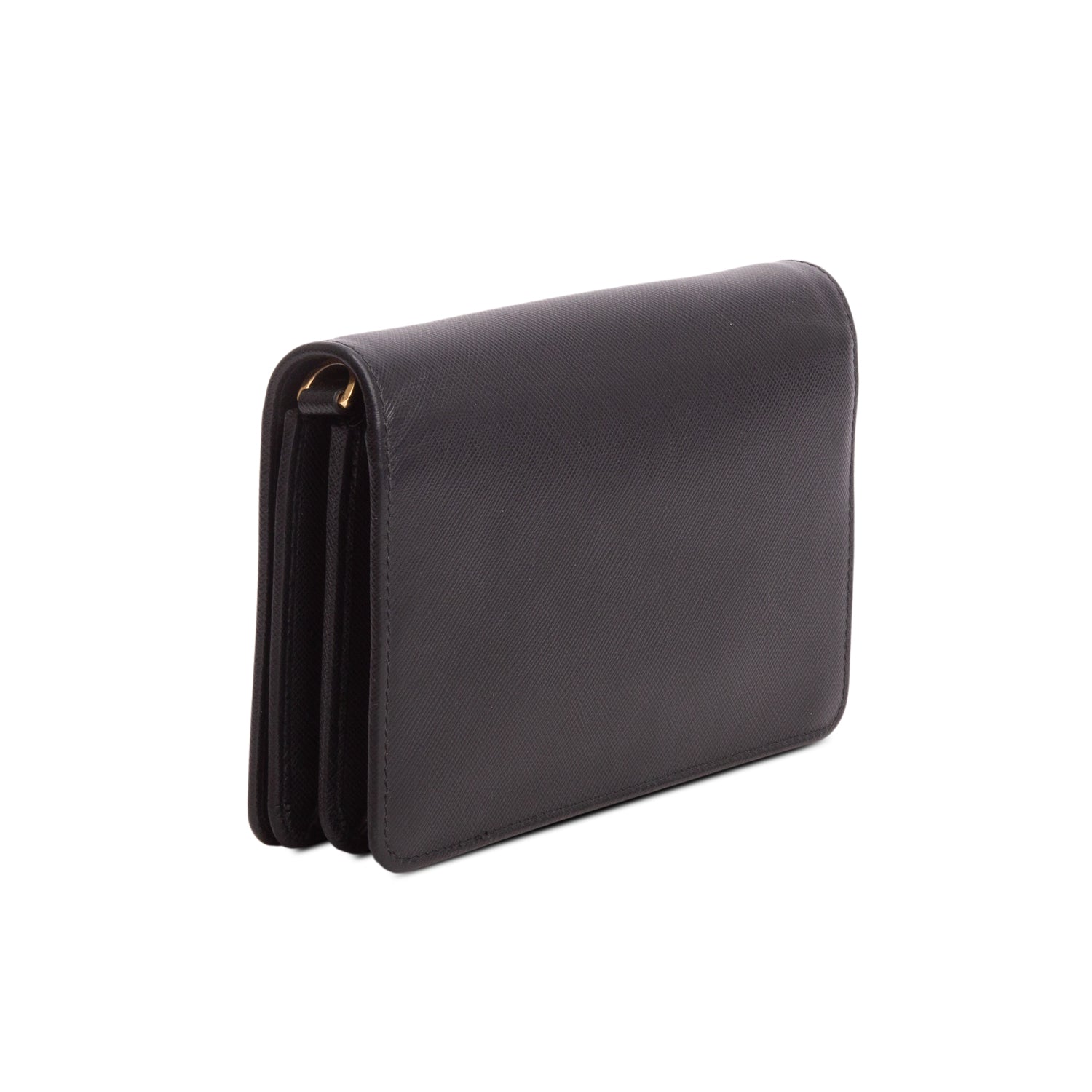Prada Black Saffiano Lux Metal Logo Mini Flap Clutch w/ Box & Authenticity Card
