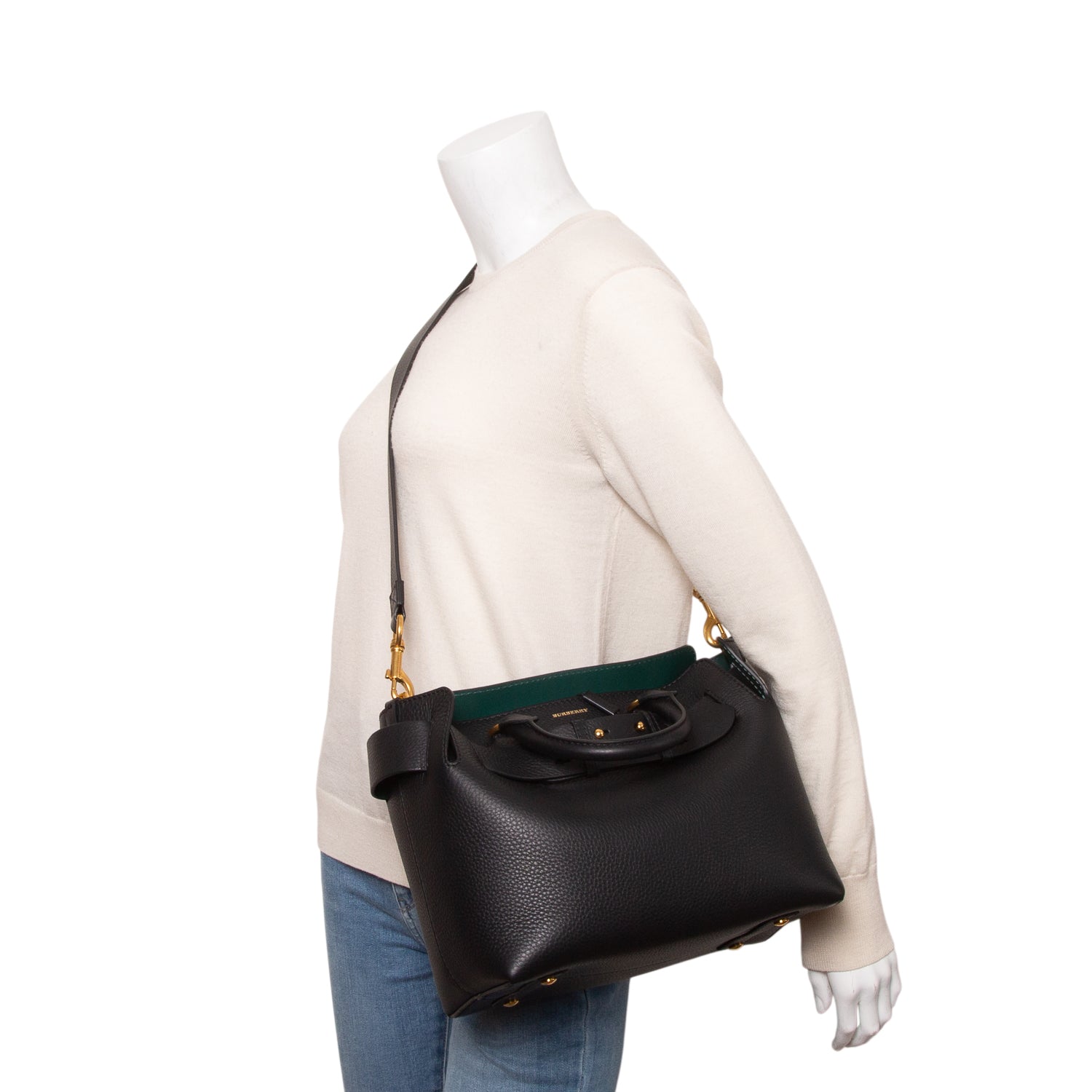 Burberry Black Grained Calfskin Leather Small Belt Tote Bag w/ Strap