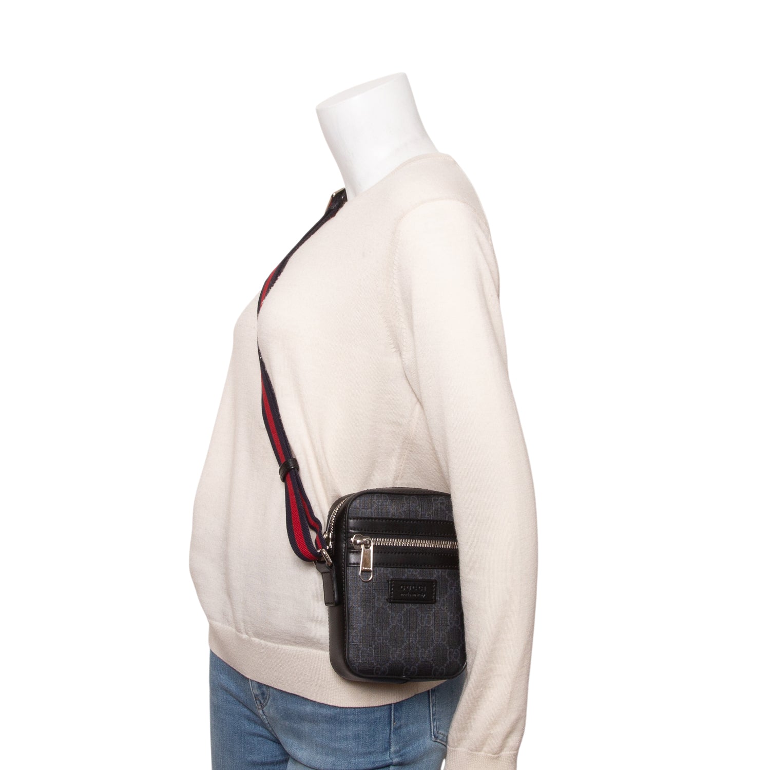Gucci Black GG Supreme Monogram Appia Calfskin Web Mini Messenger Bag