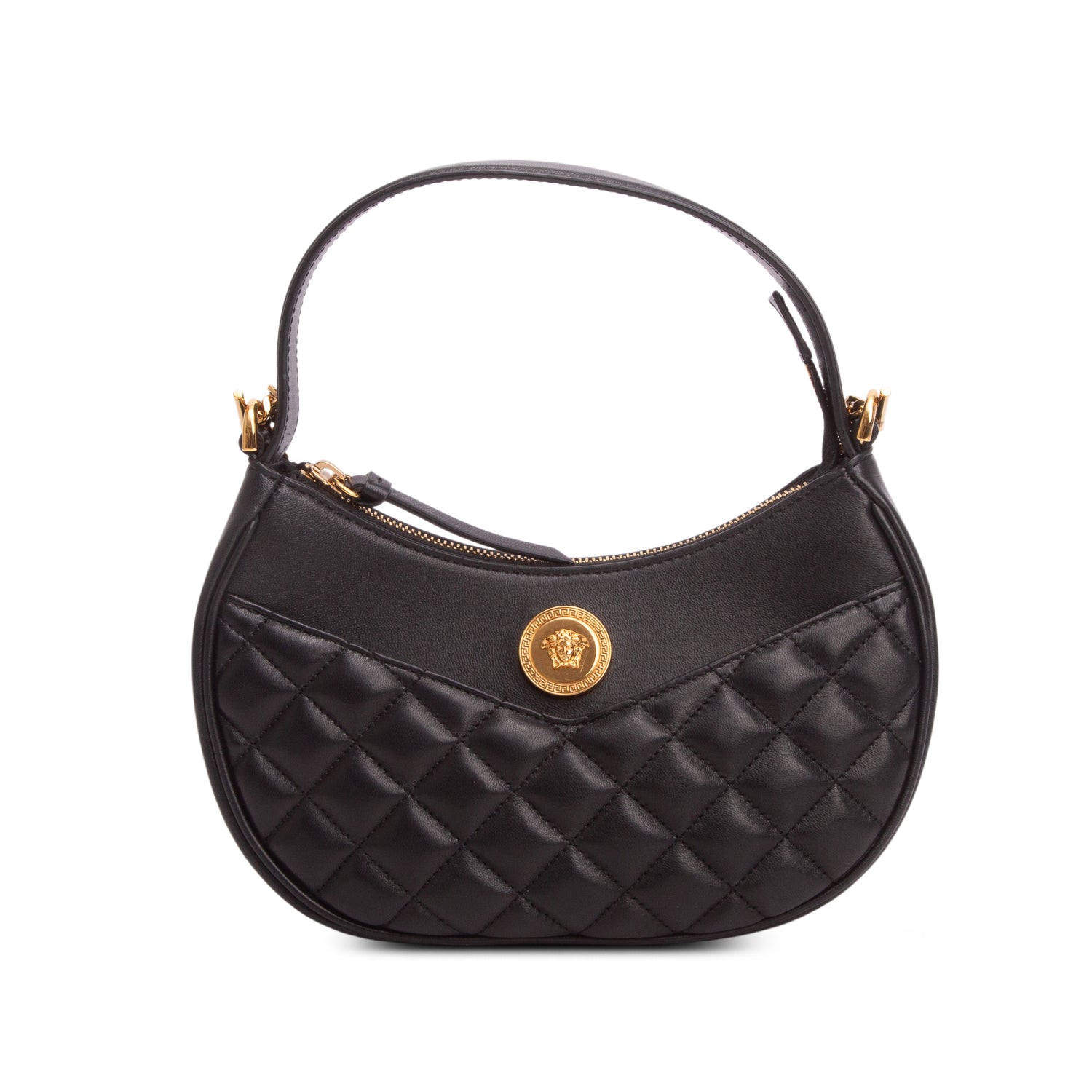 Versace Black Quilted Leather Medusa Half Moon Shoulder Bag w/ Strap
