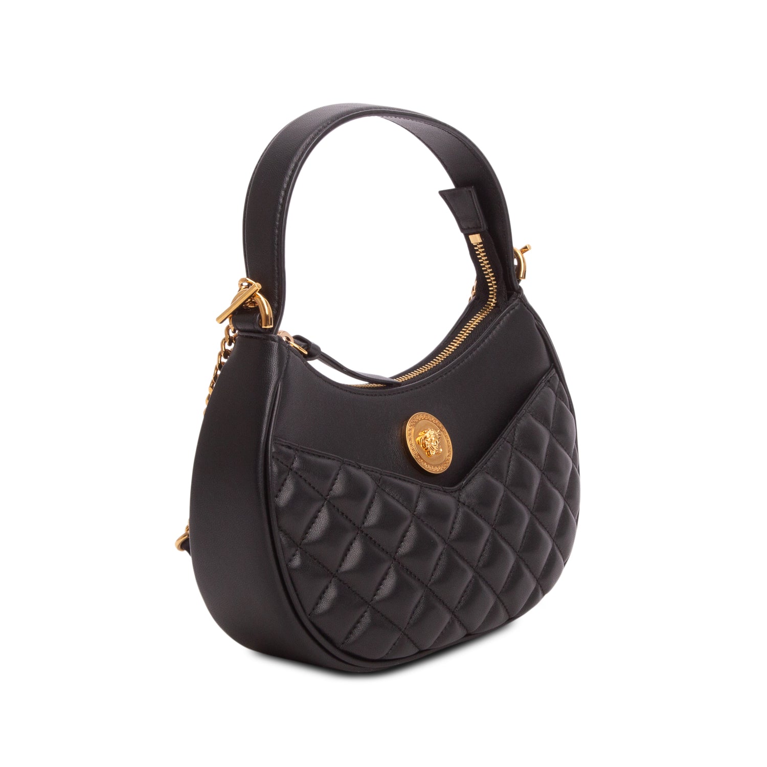 Versace Black Quilted Leather Medusa Half Moon Shoulder Bag w/ Strap