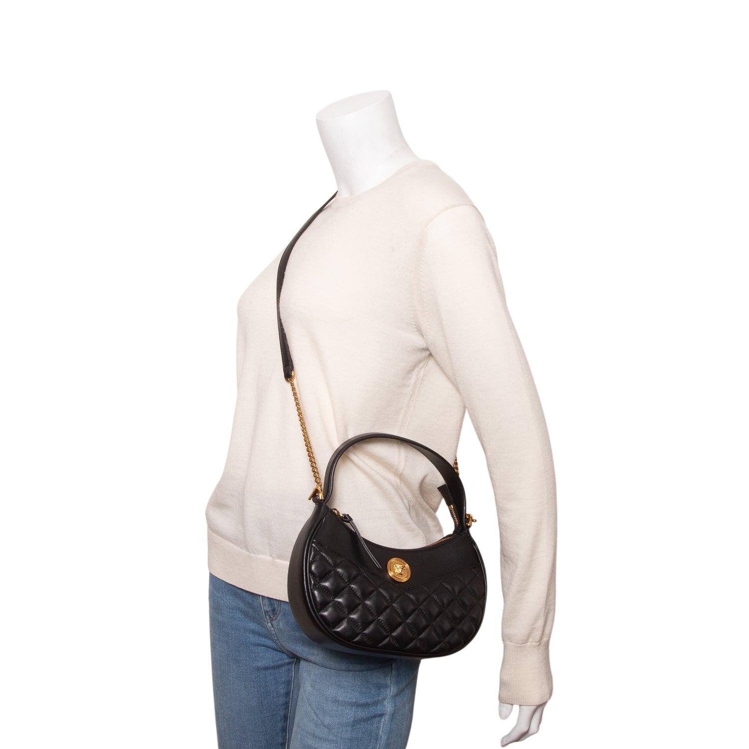 Versace Black Quilted Leather Medusa Half Moon Shoulder Bag w/ Strap