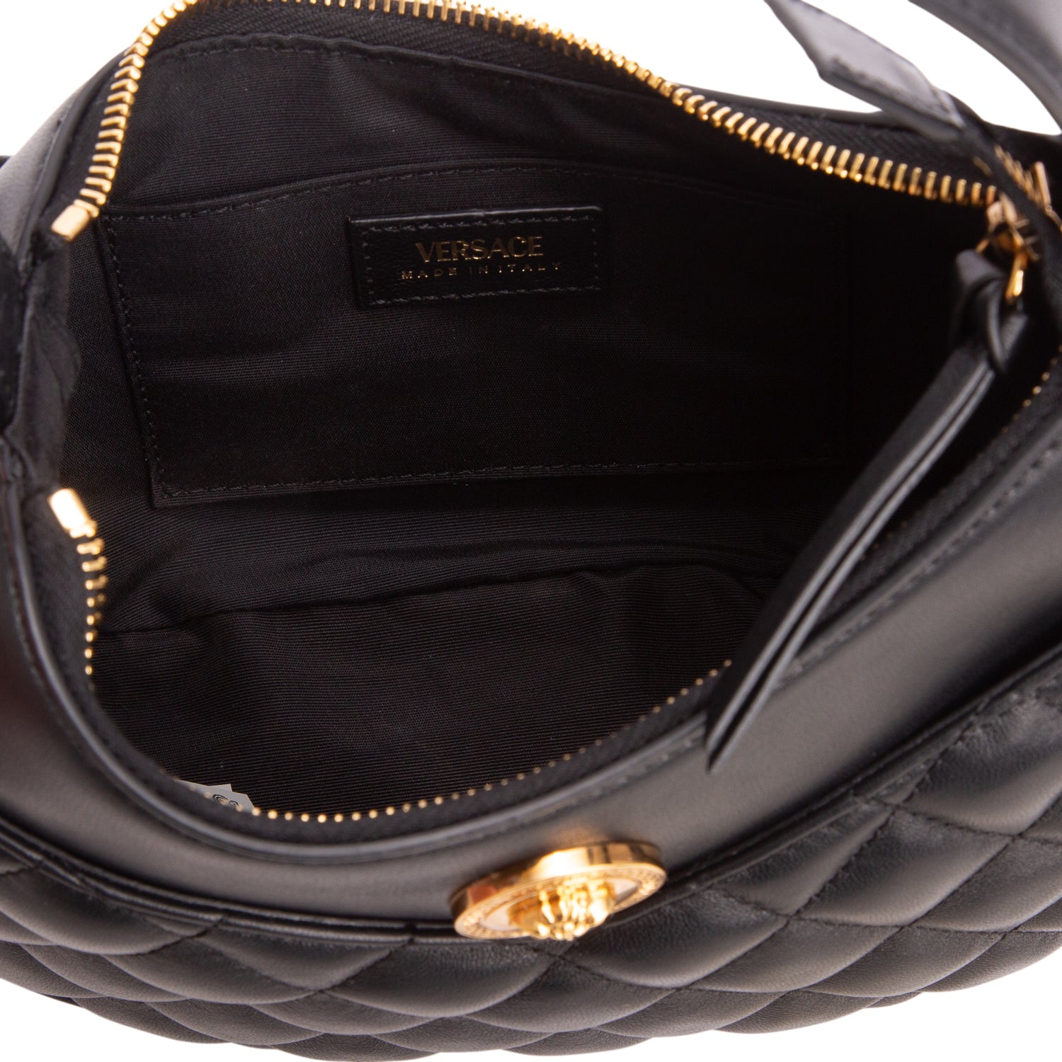 Versace Black Quilted Leather Medusa Half Moon Shoulder Bag w/ Strap