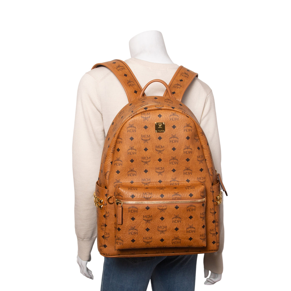 MCM Cognac Visetos Stark Side Studs Medium Backpack
