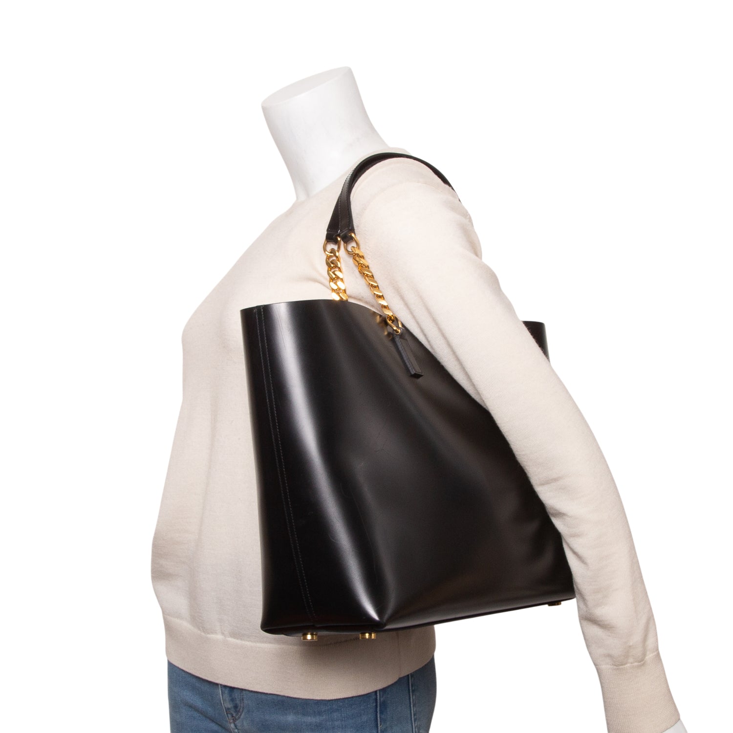 Saint Laurent 2021 Black Glazed Calfskin Double Chain Tote w/ Pouch