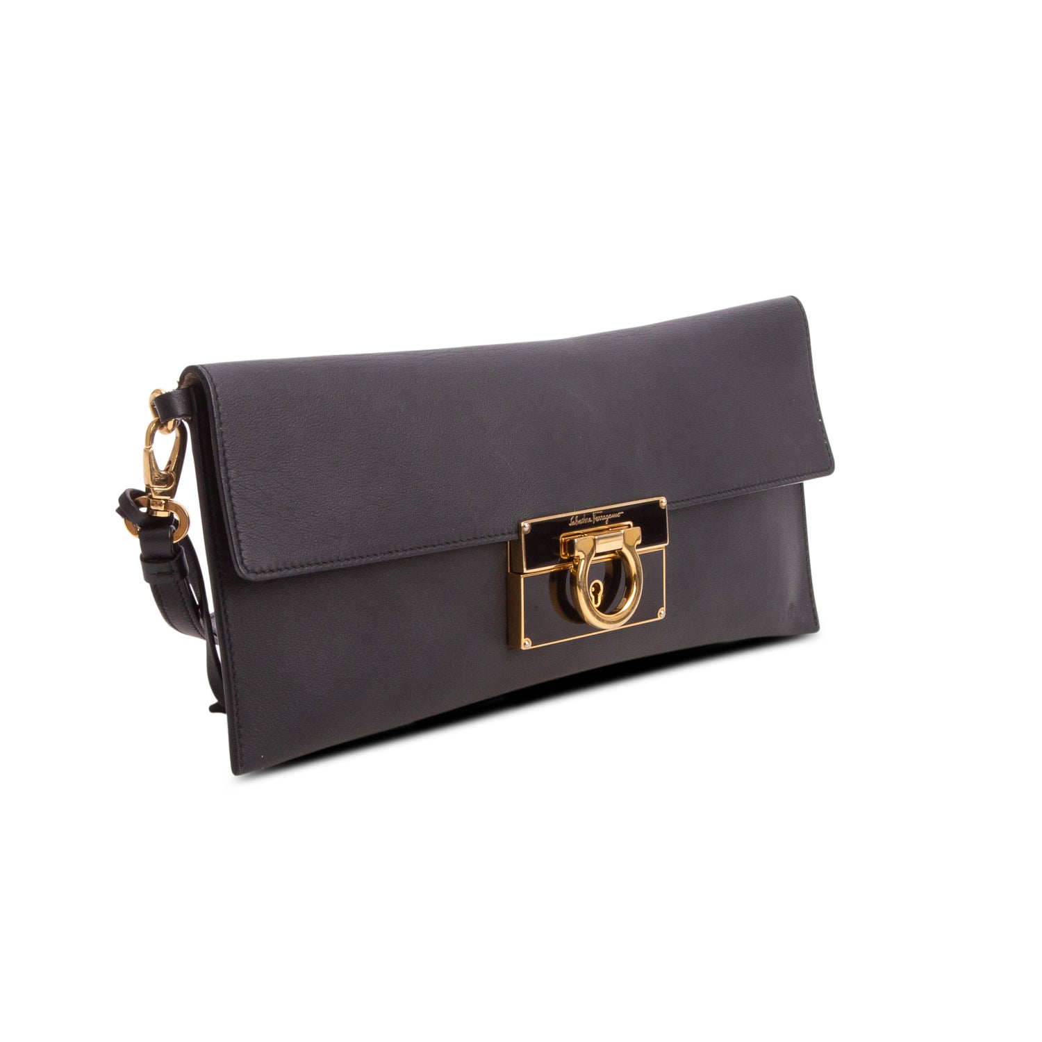 Ferragamo Black Calfskin Lock Story Clutch