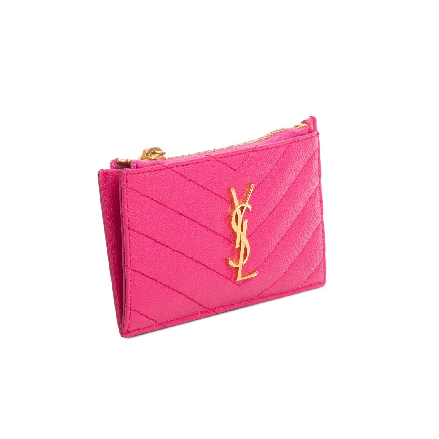 Saint Laurent 2023 Pink Grain De Poudre Leather Cassandre Matelasse Fragments Zipped Card Case
