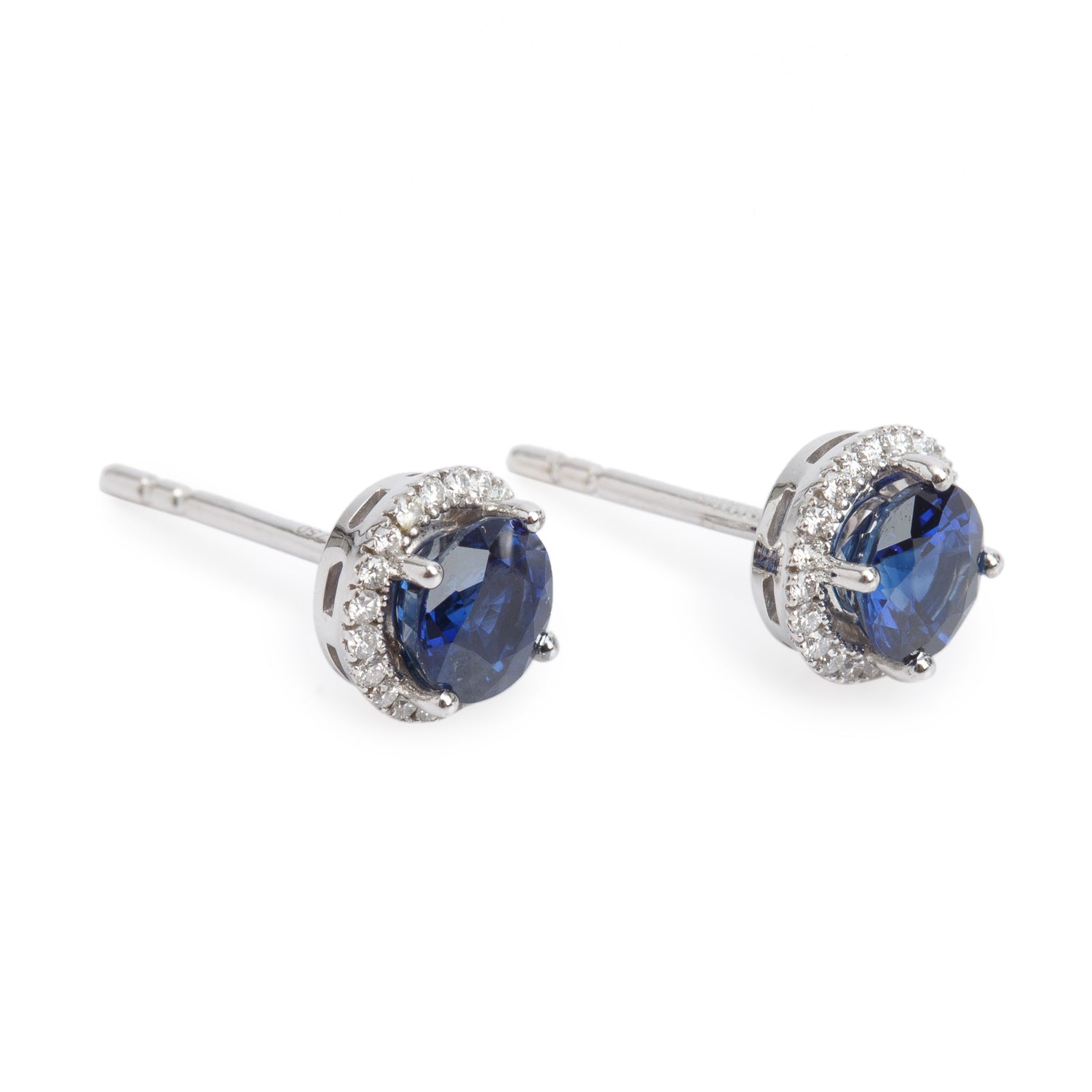 18k White Gold Blue Sapphire & Diamond Stud Earrings w/ Box